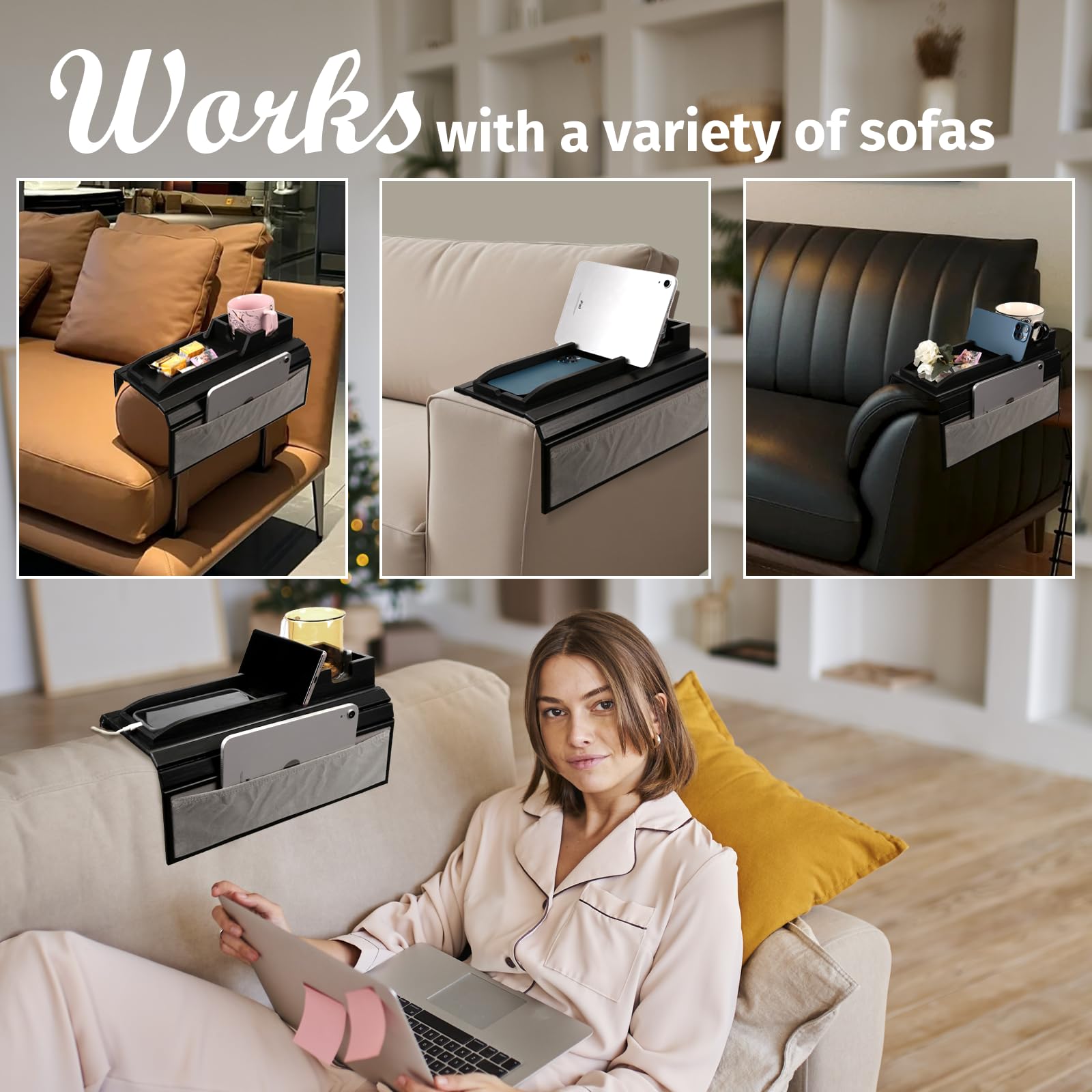 Giifer Couch Cup Holder Tray,Couch Arm Table With Side Storage Pocket,Couch Arm Tray With Anti-Slip Design, Natural Bamboo Sofa