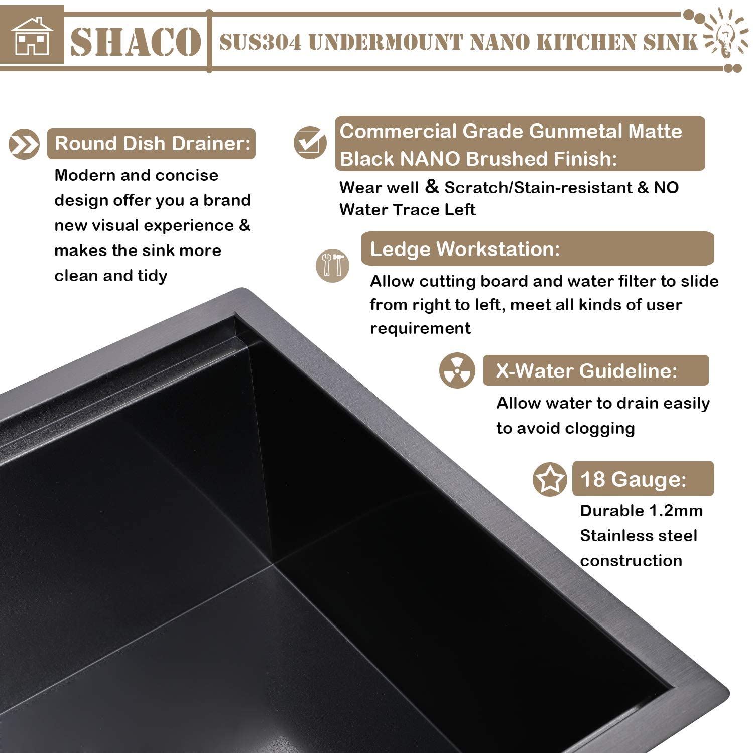 Shaco 33 Inch Black Undermount Kitchen Sink, 33X19 Gunmetal Black Stainless Steel Workstation Sink, Single Bowl Basin Wet Prep U