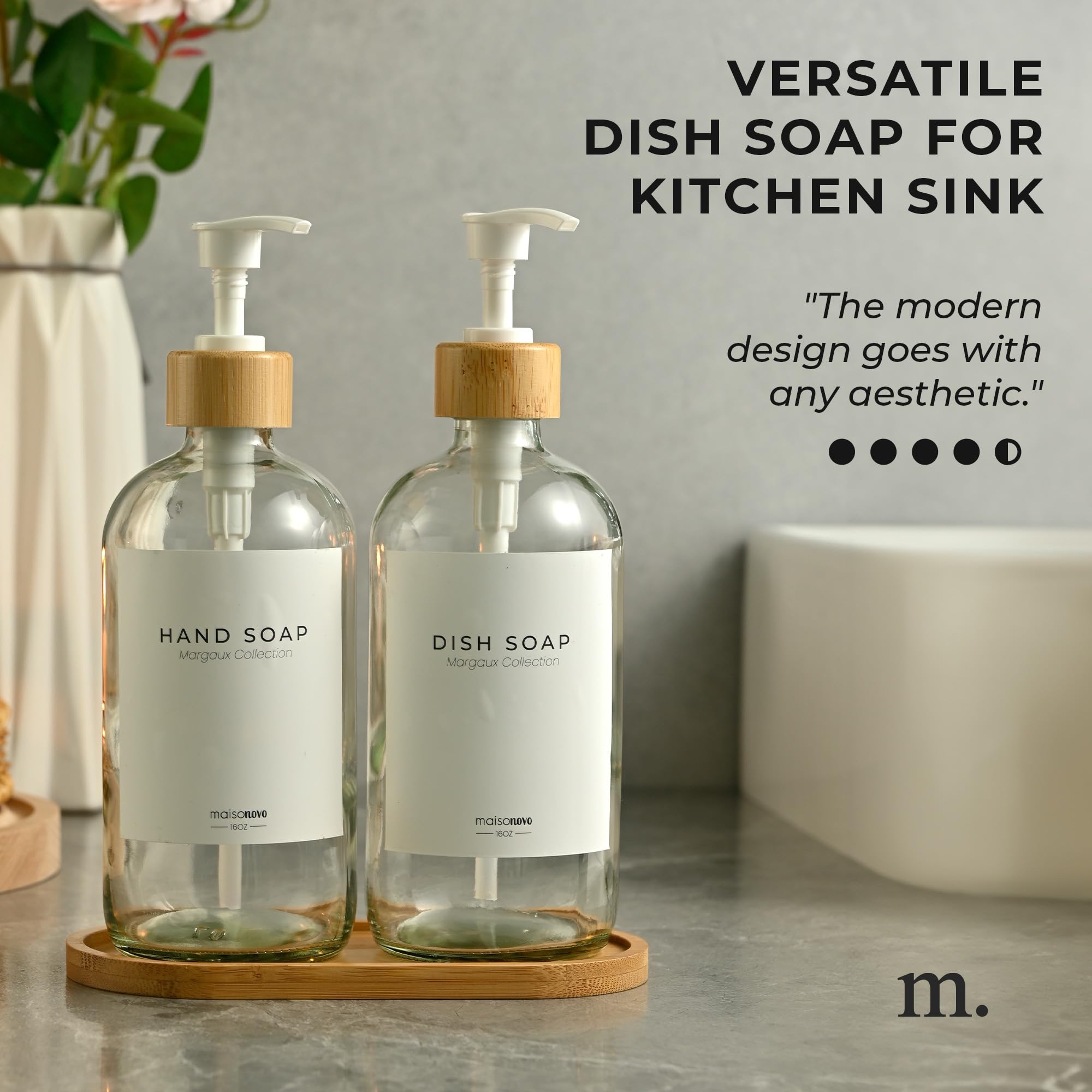 Maisonovo Kitchen Soap Dispenser Set - Glass Soap Dispenser With Pump - Clear Bamboo White Pump 16.9 Fl Oz - Bathroom Soap Dispe