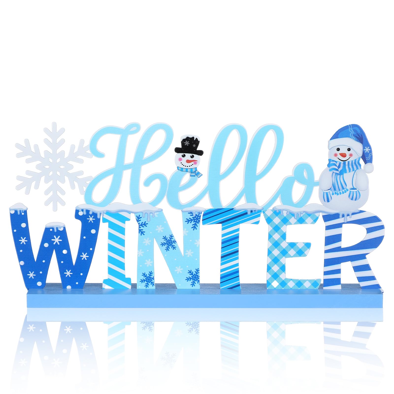 MiniInflat Hello Winter Table Decor Winter Metal Table Sign Christmas Blue Snowman Snowflake Decor with Wood Base for Wonderland