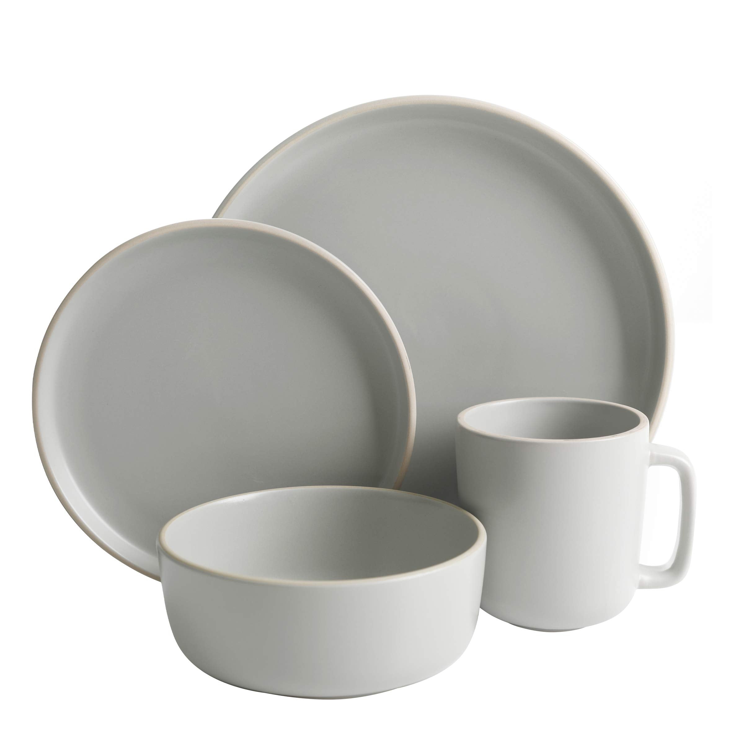 Gibson Home Zuma 16 Piece Round Kitchen Dinnerware Set, Dishes, Plates, Bowls, Mugs, Service for 4, Matte Stoneware, Light Grey