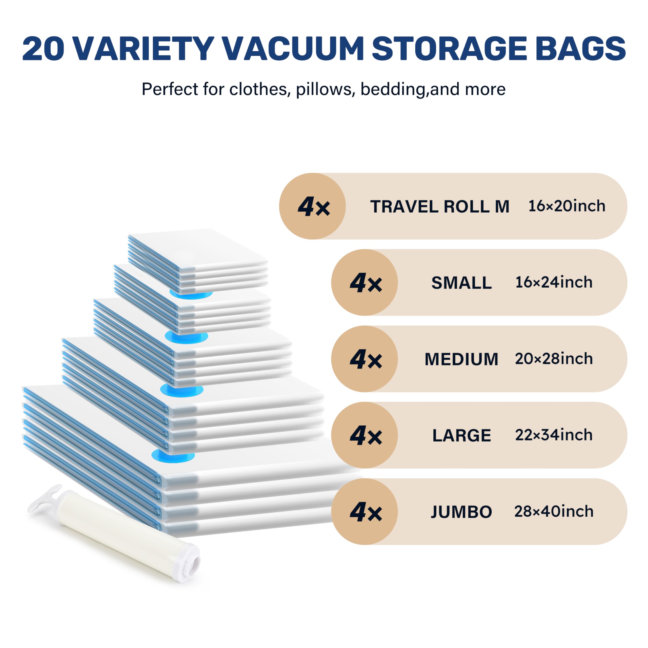 Simple Deluxe Vacuum Storage Bags 20 Pack, Space Saver Bags with Hand Pump, Vacuum Seal Bags for Clothing Travel, Comforters, Bl
