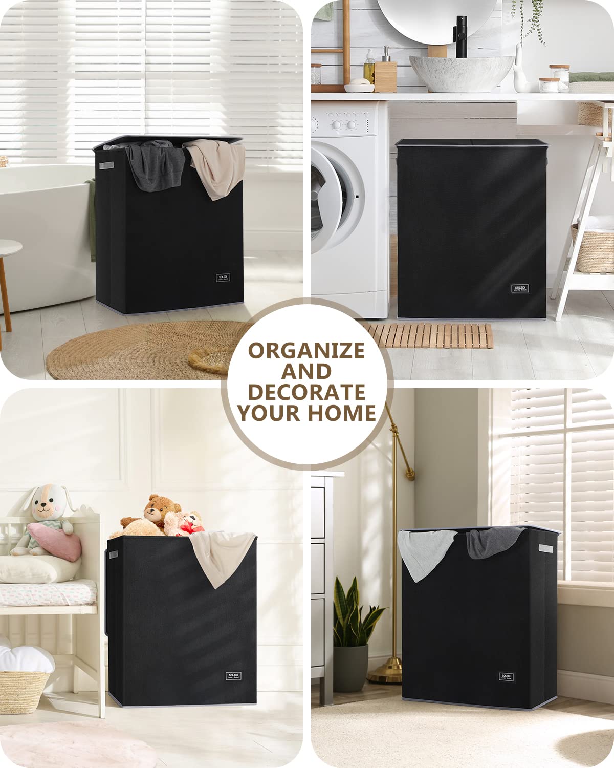 SOLEDI Double Laundry Hamper with Lid and Removable Laundry Bags - Large Dirty Clothes Hamper 2 Section - Collapsible Laundry Baskets for Bedroom  Bathroom  Laundry room  Apartment  Black