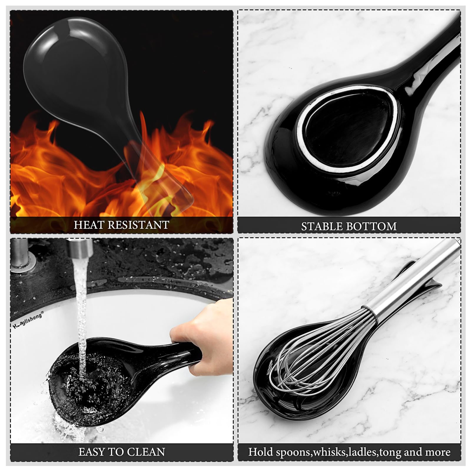 Patelai Ceramic Spoon Rest Spoon Holder Stovetop for Kitchen Stove Coffee Bar Accessories Christmas Gift(Black,Classic Style)
