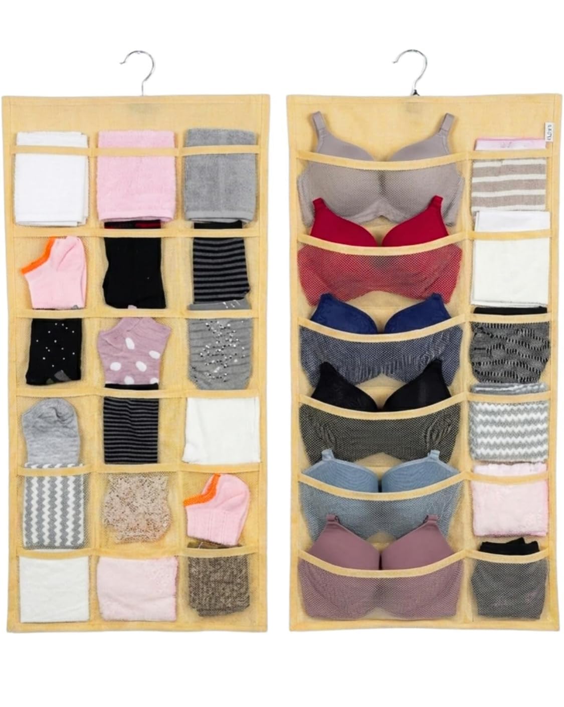 30 Pocket Hanging Undergarment Organiser, DoubleSided Clear Mesh, 360 Rotating Hook, For Bras, Socks, Accessories, Washable, Mu