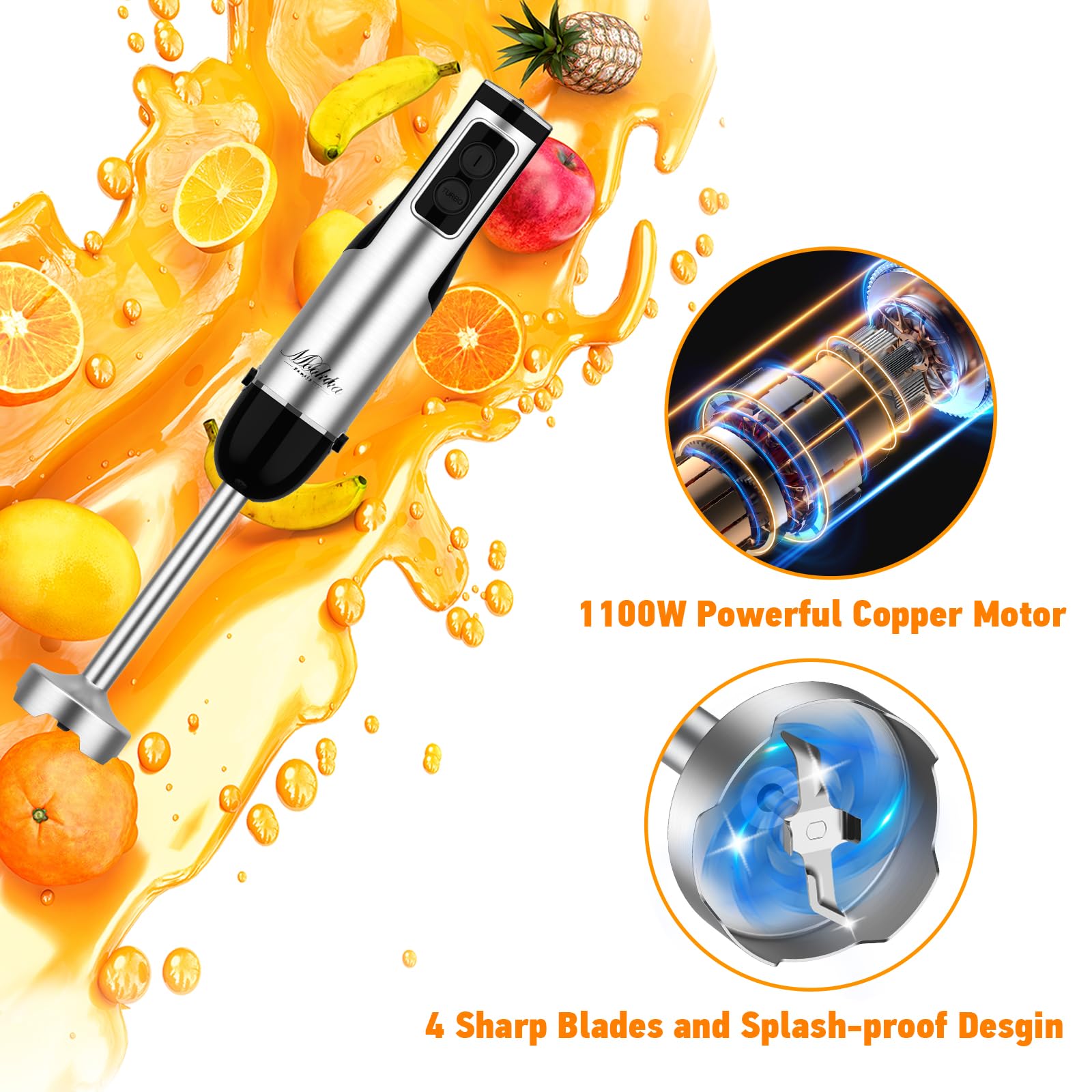 MOOKA 5-in-1 Immersion Blender, 1100W Handheld Stick Blender, 12-Speed, Stainless Steel, Black, Model BM-HB102