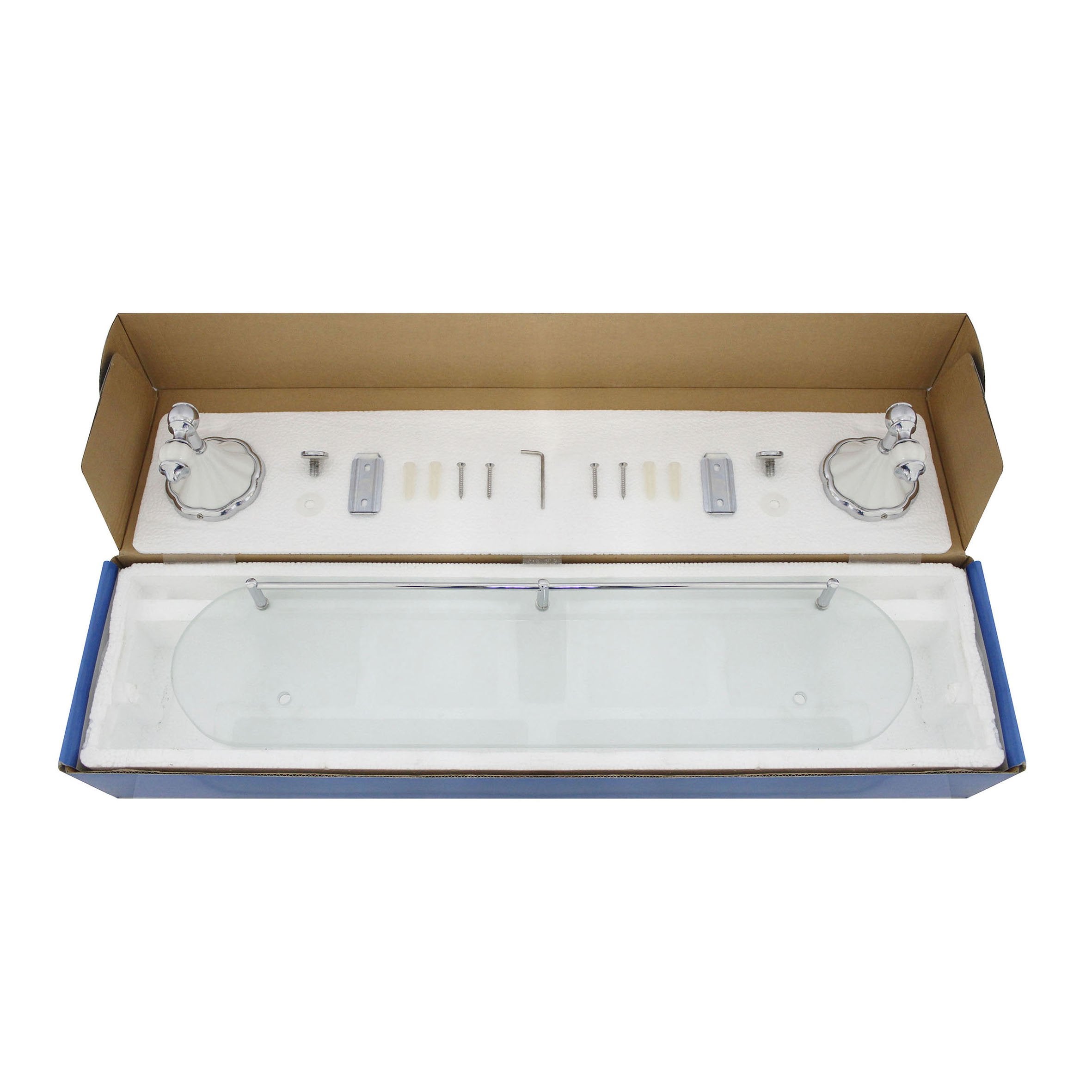 Modona 20'' Frosted Glass Shelf With Pre-Installed Rail - White Porcelain & Polished Chrome - Flora Series - 5 Year Warrantee