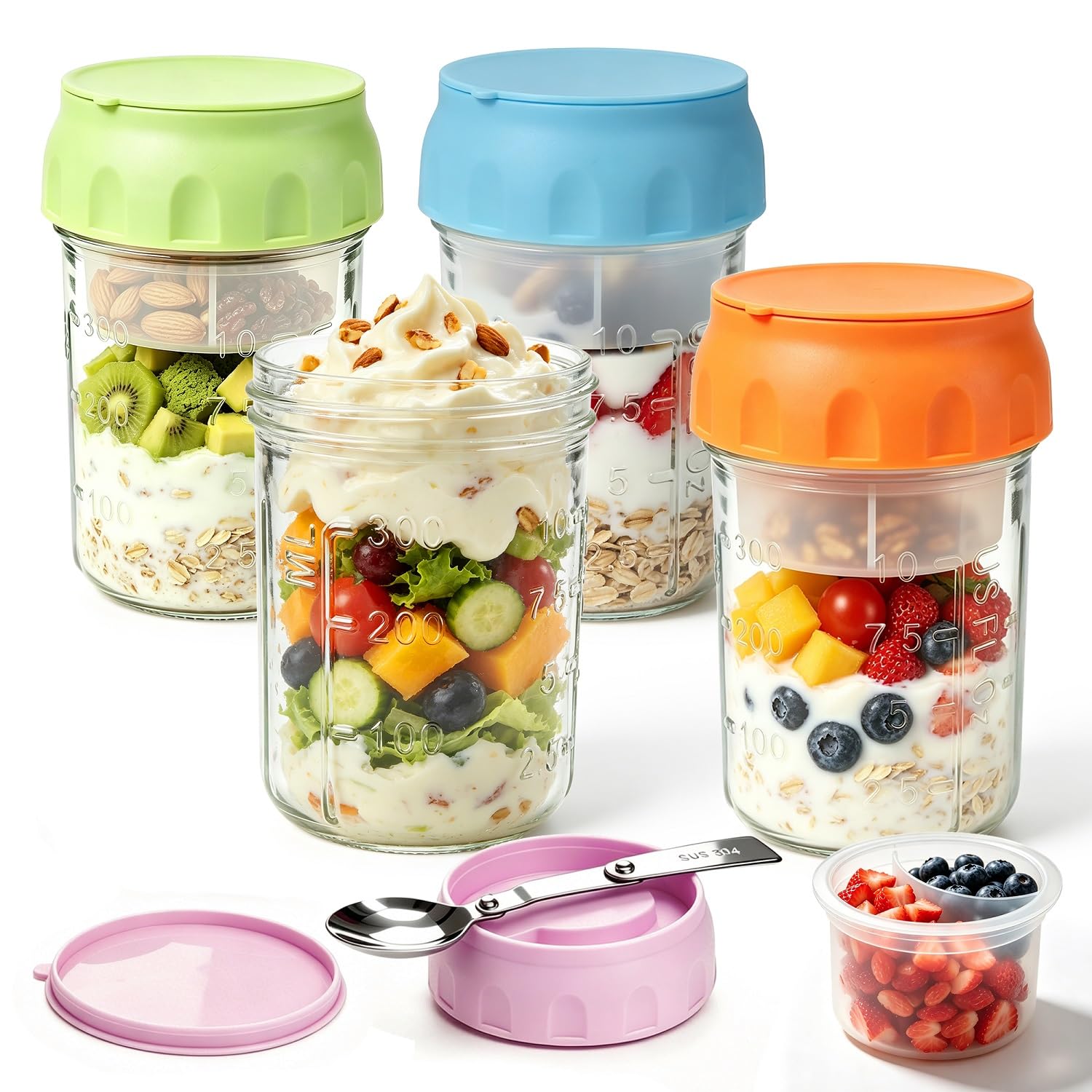 Overnight Oats Containers with Lids & Spoon 4 Pack 16oz, Leak-Proof Glass Over night Oat Jars with Divided Compartments for Frui