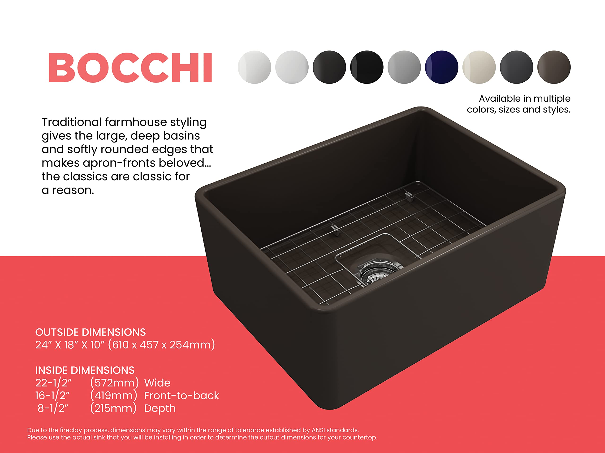 Bocchi Classico Farmhouse Apron Front Fireclay 24 In. Single Bowl Kitchen Sink With Protective Bottom Grid And Strainer In M. Br