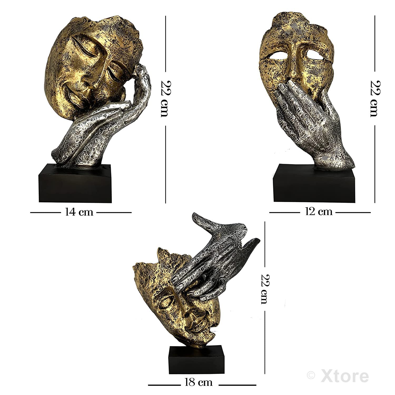 Xtore Human Face Decorative Statues | Handcrafted And Hand Painted (Pack Of 3, Gold & Silver)