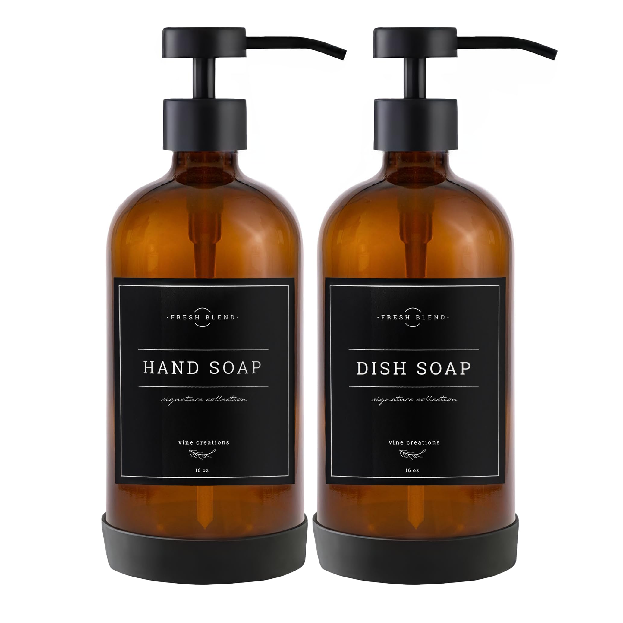 Vine Creations Amber Glass Soap Dispenser Set - Kitchen Soap Dispenser Set Stainless Steel Pump - Hand Soap Dispenser Bathroom -
