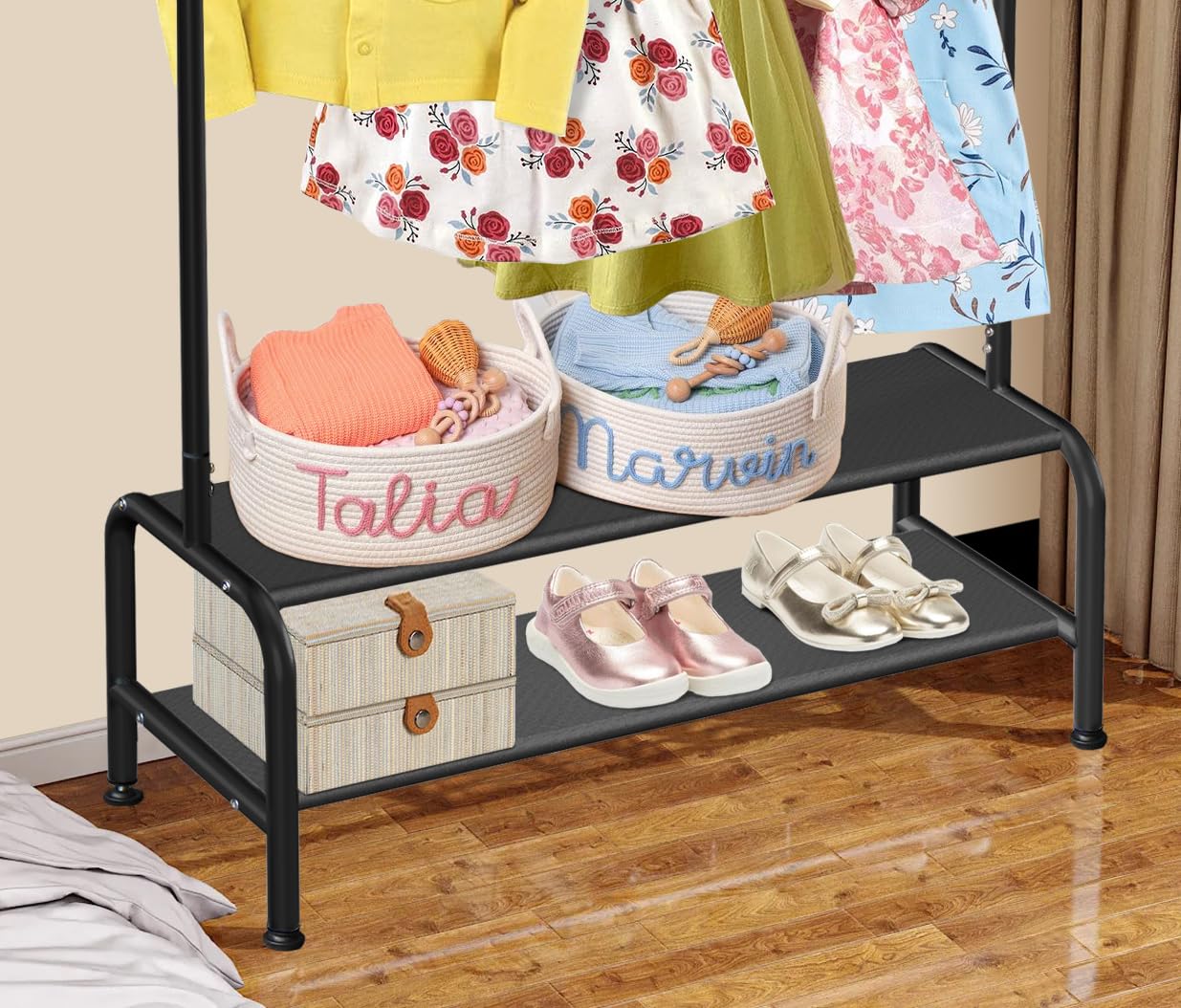 Kids Clothing Rack - Kids Dress Up Clothes Storage Racks - Baby Toddler Clothes Rack - Small Kids Costume Wardrobe Rack With 2 F