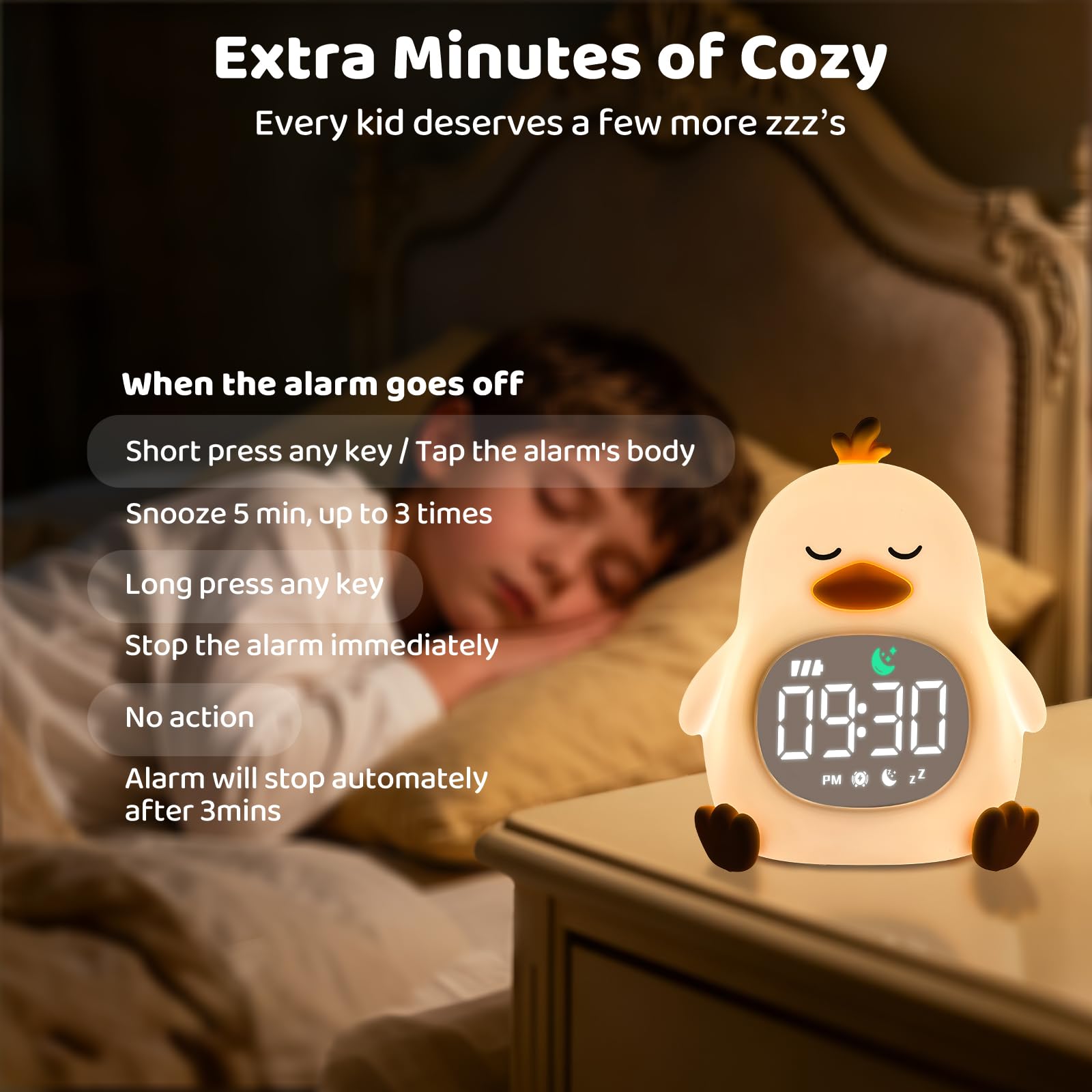 Sleepy Duck Alarm Clock with Night Light for Kids with Sleep Training and Sound Machine, Rechargeable Silicone Lamp OK to Wake C