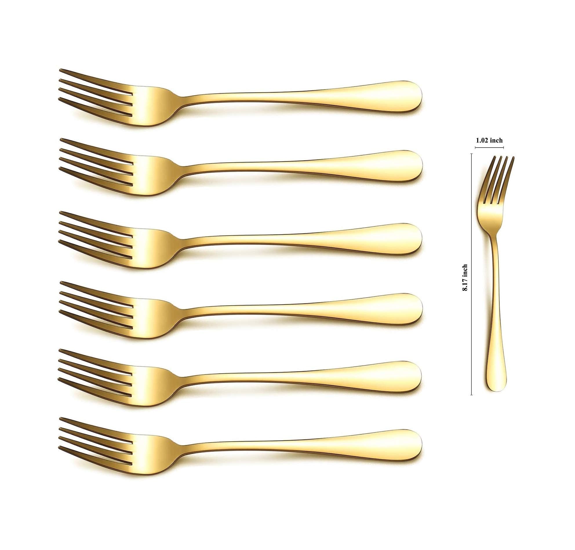 Kyraton Gold Dinner Fork 6 Pieces, Stainless Steel 8.17 Inch Forks Gold Titanium Plating Wedding Silverware, Gold Forks Set Of 6