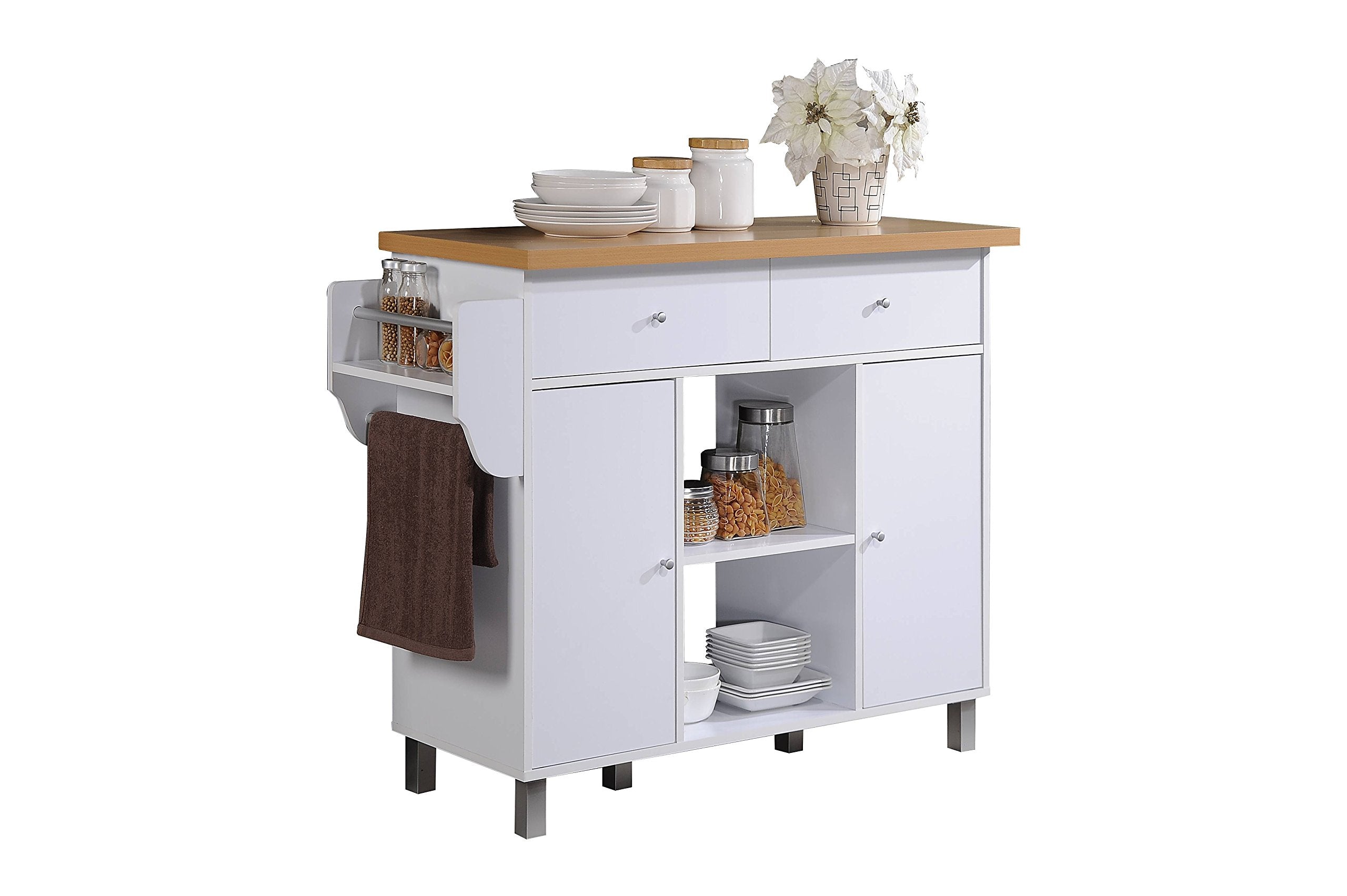 Hodedah Kitchen Island with Spice Rack plus Towel Holder in White