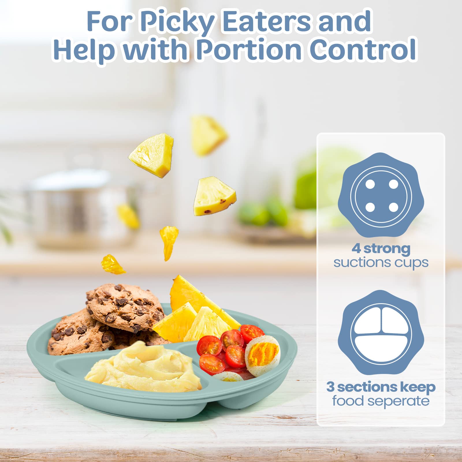 Potchen 6 Pack Suction Plates for Baby with Spoon Fork Divided Toddler Plate with Suction Silicone Baby Self Feeding Set for Boy