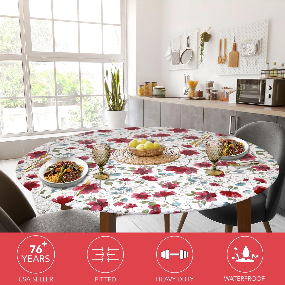 Covers For The Home Deluxe Elastic Edged Flannel Backed Vinyl Fitted Table Cover - Watercolor Floral Pattern - Large Round Oblon