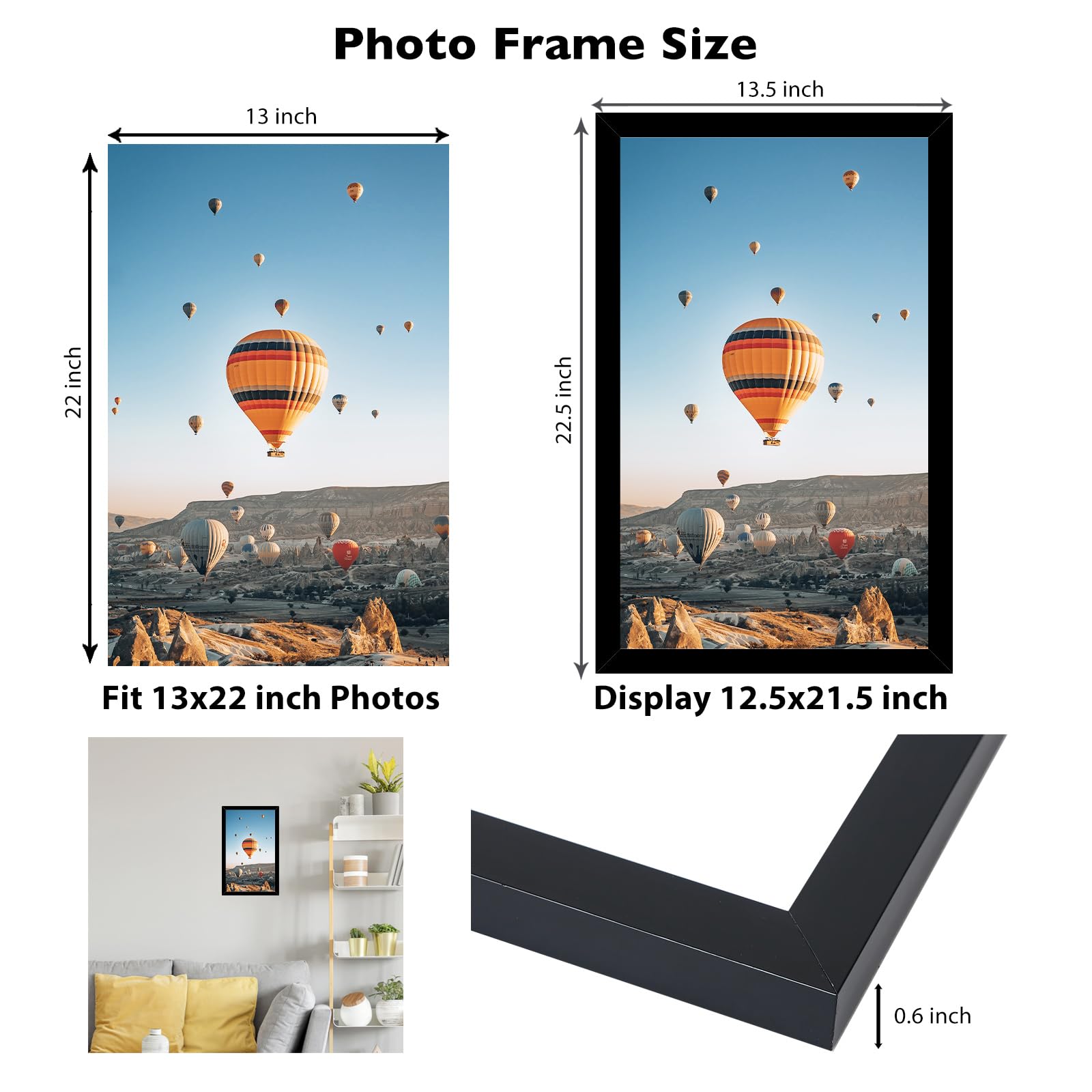 JCJMY 13x22 Picture Frame Black for Poster Photo Picture, Horizontal and Vertical Formats for Wall Hanging, 13 x 22 Wall Gallery