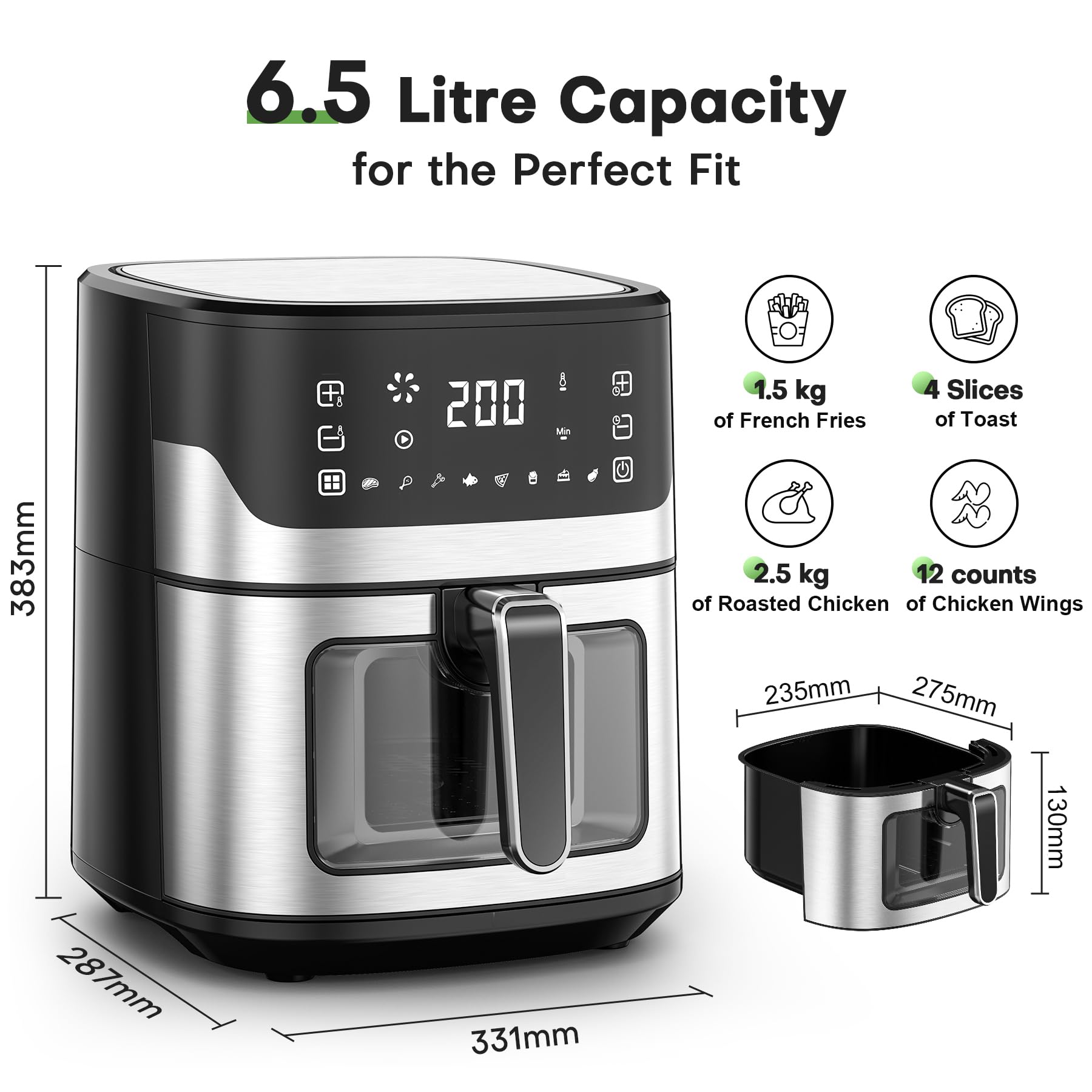 COMFYHOME Air Fryer for Home - 6.5L with Digital Touch Panel & Visual Window, Uses 95% Less Oil, 8 Pre-set Menu & Recipe, 1600W,