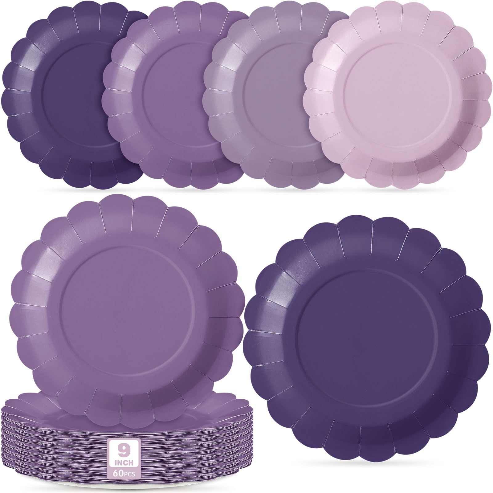Tiangrid 60 Pcs Purple Paper Plates 9 Inch Scalloped Disposable Round Dessert Paper Plates Party Decoration for Margs and Matrim