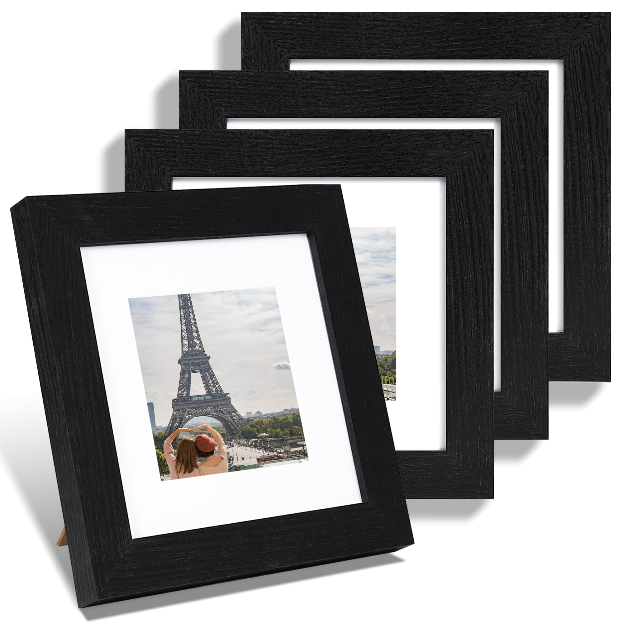 Hongkee 6x6 Picture Frame Set of 4, Made of Glass and Rustic Black Wooden Frame - Display Picture 4x4 with Mat or 6 x 6 Without 