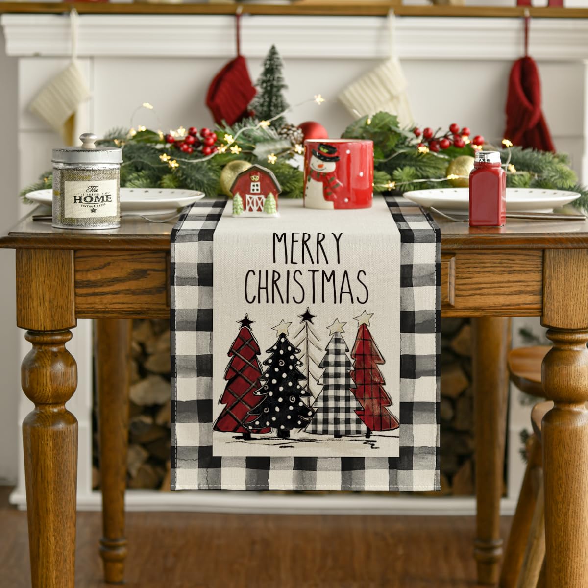 Artoid Mode Waterclor Buffalo Plaid Christmas Trees Merry Xmas Table Runner, Seasonal Winter Holiday Kitchen Dining Table Decora