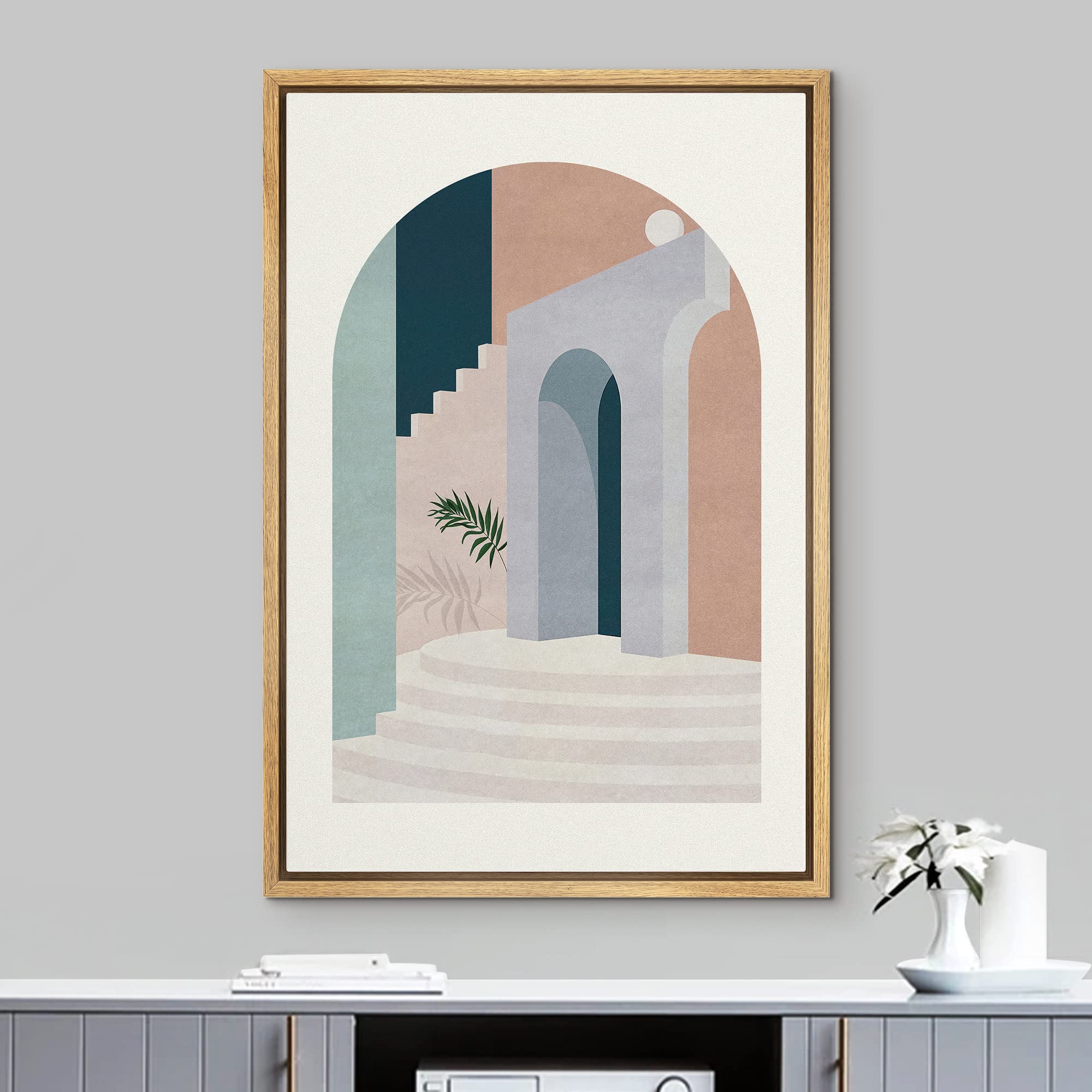 Nwt Framed Canvas Print Wall Art Arch View Terrace Exterior & Palm Leaf Geometric Shapes Illustrations Modern Art Mid-Century Mo