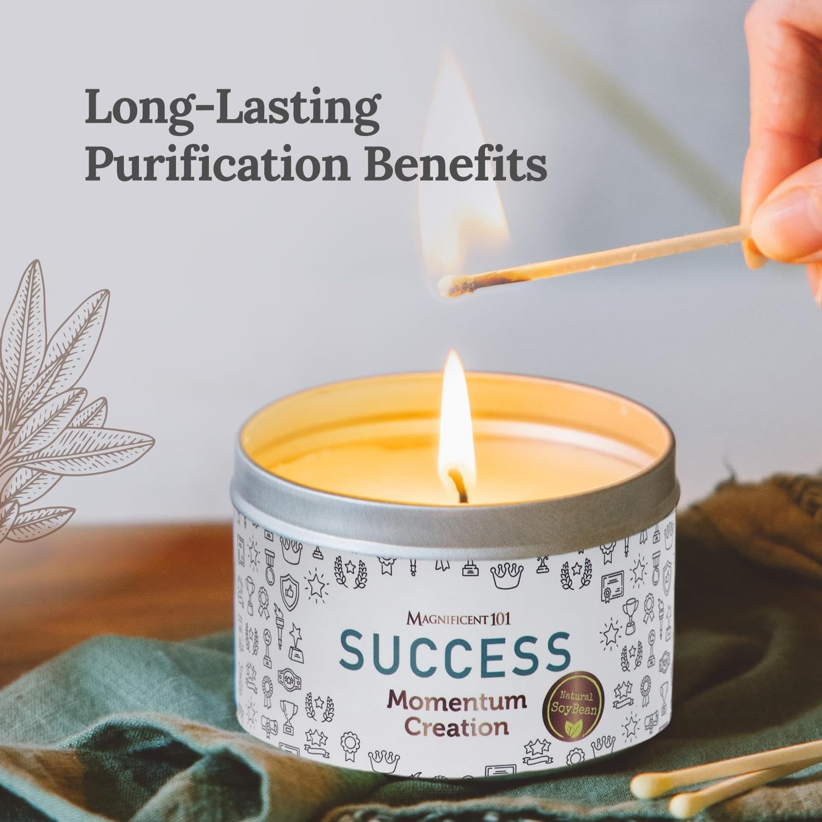 MAGNIFICENT 101 Success Aromatherapy Candle for Momentum Creation - Sage, Bergamot, Sandalwood Scented Natural Soybean Wax Tin C