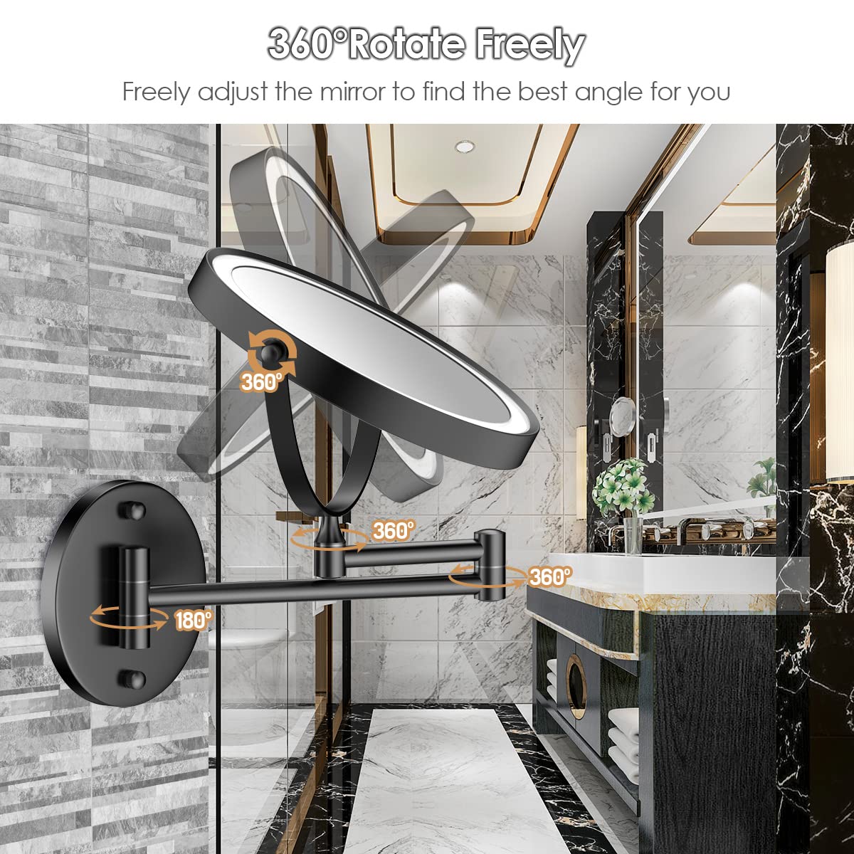 Rocollos Rechargeable Wall Mounted Lighted Makeup Mirror  8 Inch Double-Sided LED Vanity Mirror 1X/10X Magnification 3 Color Lights Touch Screen Dimmable 360Swivel 13 Inch Extendable