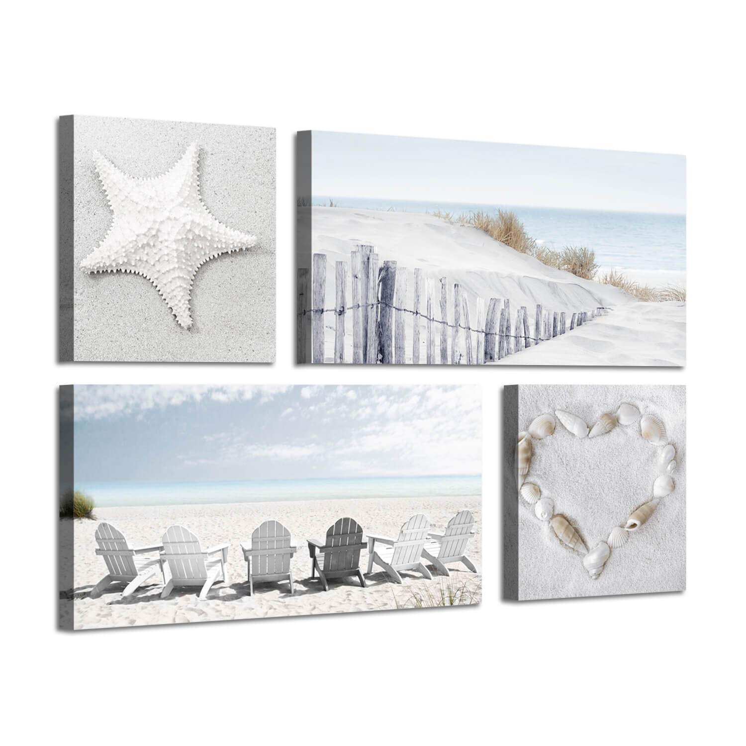 Artistic Path Beach Wall Art Seascape Print: Starfish & Chair On Seaside Giclee Artwork Painting On Canvas For Wall Decor(Overal