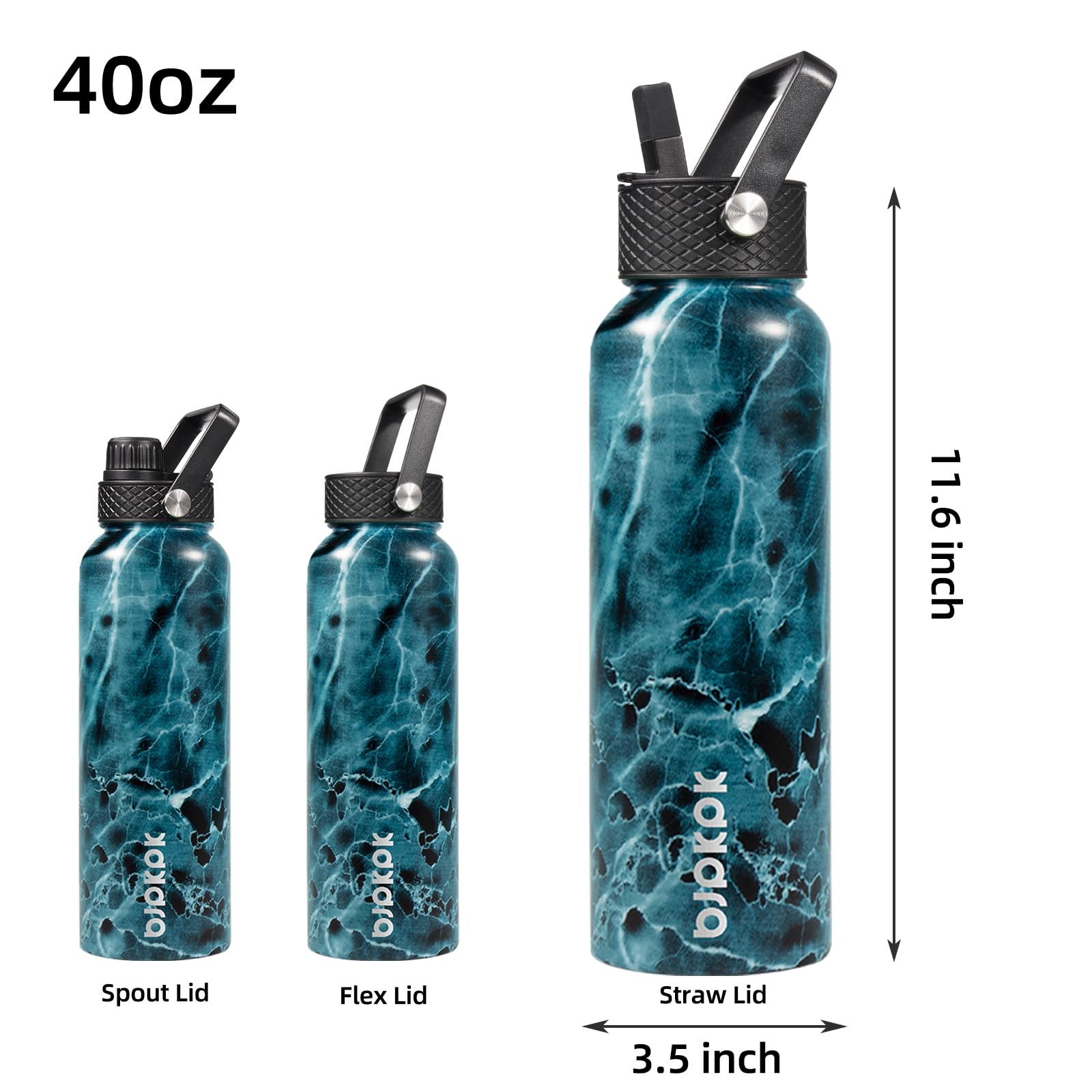 Bjpkpk Insulated Water Bottles With Straw Lid, 40Oz Stainless Steel Water Bottles With 3 Lids, Large Metal Water Bottle, Bpa Fre