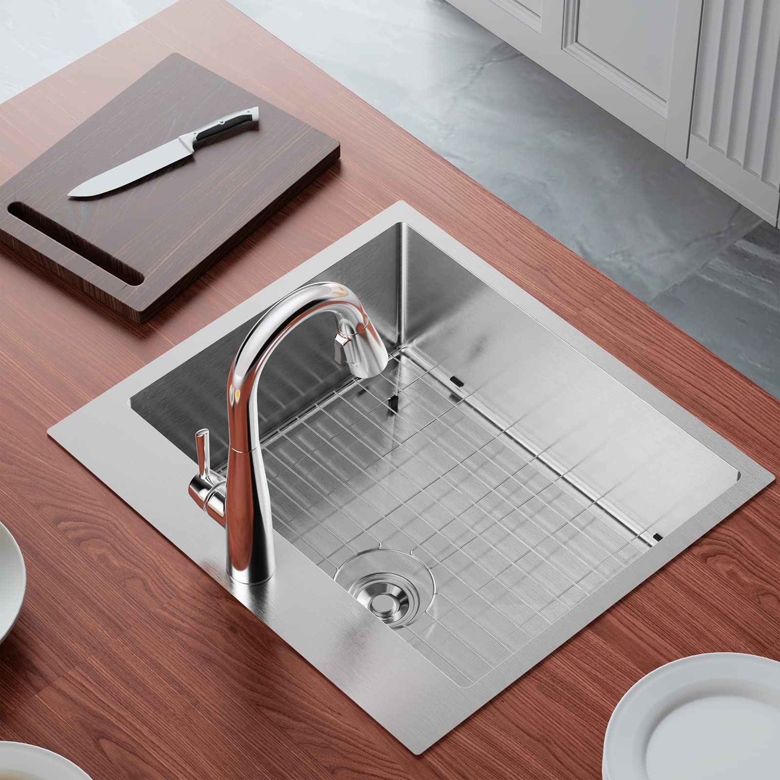 Bonnlo 25 Inch Top mount Kitchen Sink Drop-in  Farmhouse Kitchen Sink with Sink Protector 18 Gauge  Workstation Sink  Stainless Steel Single Bowl Kitchen Sinks for RV  Travel Trailer  Garage  25x22x9