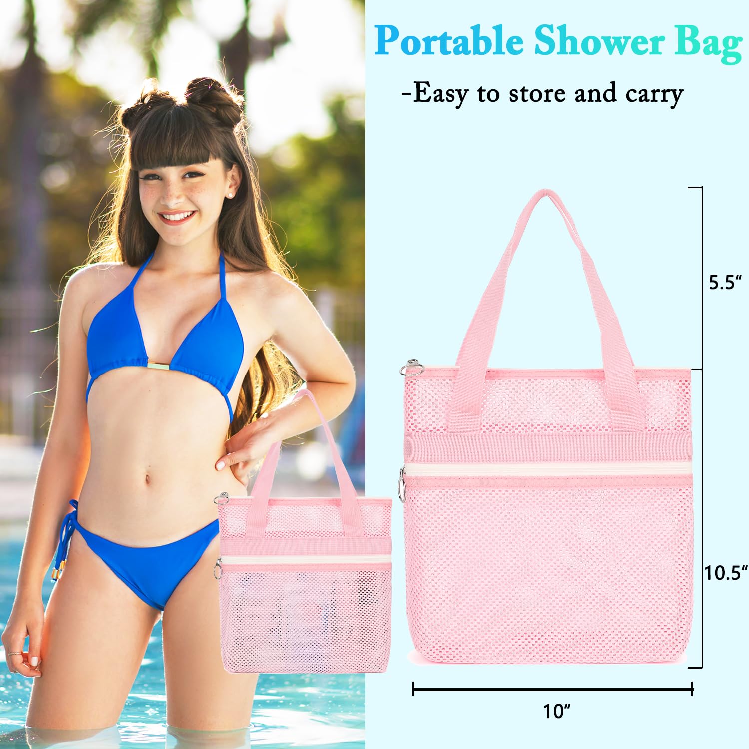 Fammart Mesh Shower Caddy Portable With Zipper & 2 Pockets - Quick Dry Shower Caddy Hanging For Travel Gym Camp Beach - Shower O