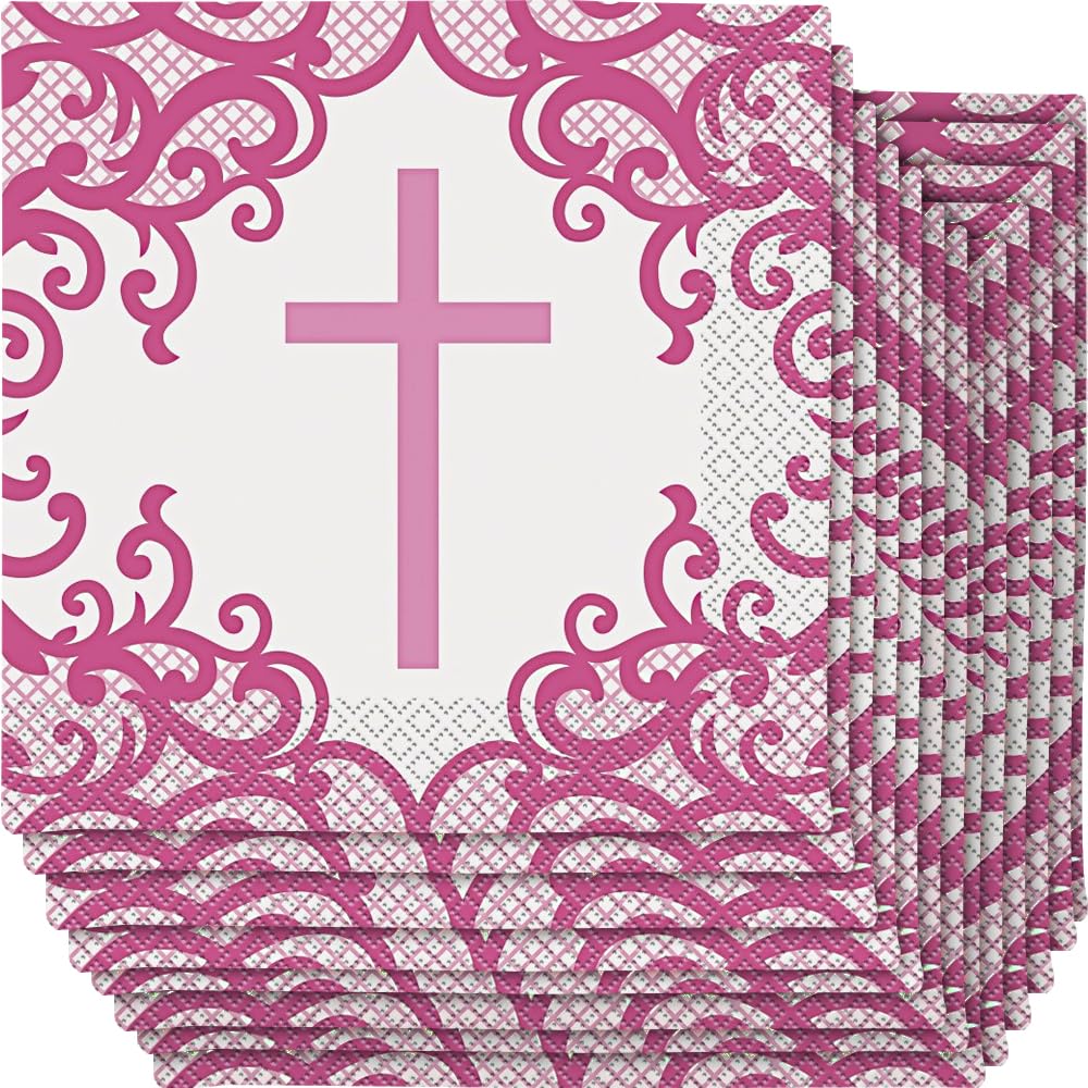 Fancy Pink Cross Luncheon Napkins (Pack Of 16) - Elegant Party Essential For Religious Events And Any Occasions