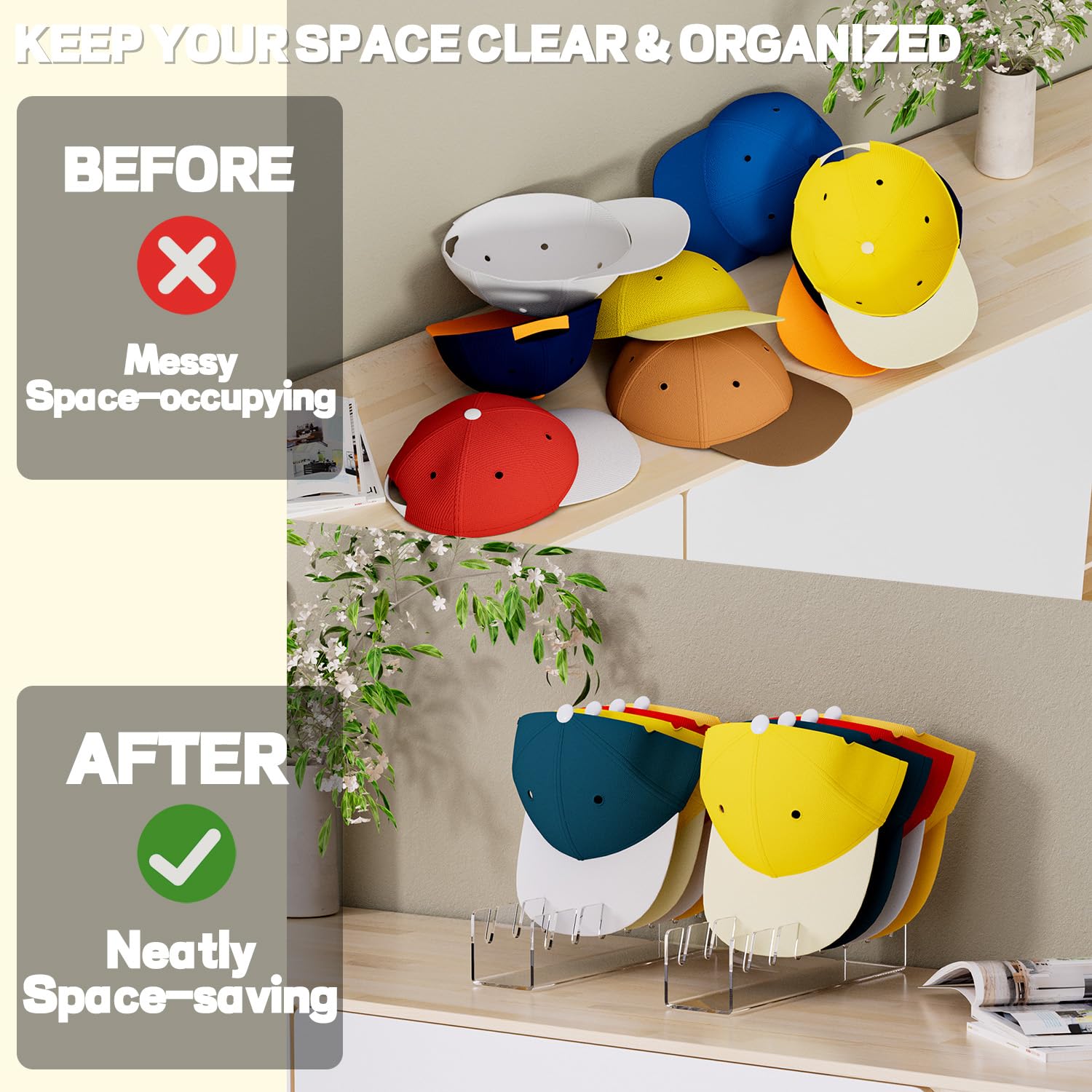 Actbio 4 Pcs Hat Stand For Baseball Caps, No Install Acrylic Hat Organizer For 28 Baseball Caps, Hat Holder Hat Storage Hat Disp