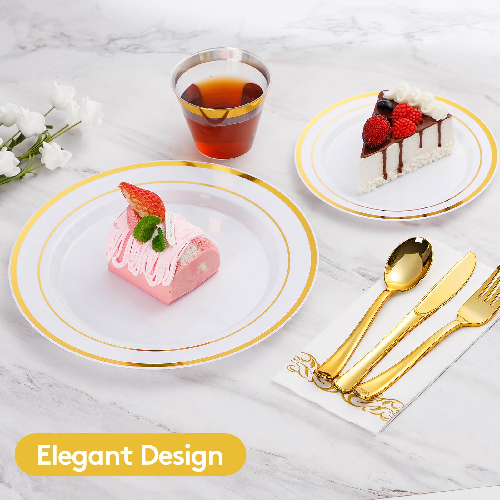 175 Piece Gold Dinnerware Set for 25 Guests  Plastic Plates Disposable for Party  Include: 25 Gold Rim Dinner Plates  25 Dessert Plates  25 Paper Napkins  25 Cups  25 Gold Plastic Silverware Set