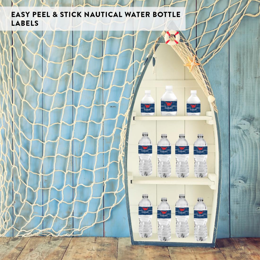 Andaz Press Birthday Water Bottle Labels Stickers, Nautical Crab, 20-Pack, For Decor Decorations Dessert Table Wraps
