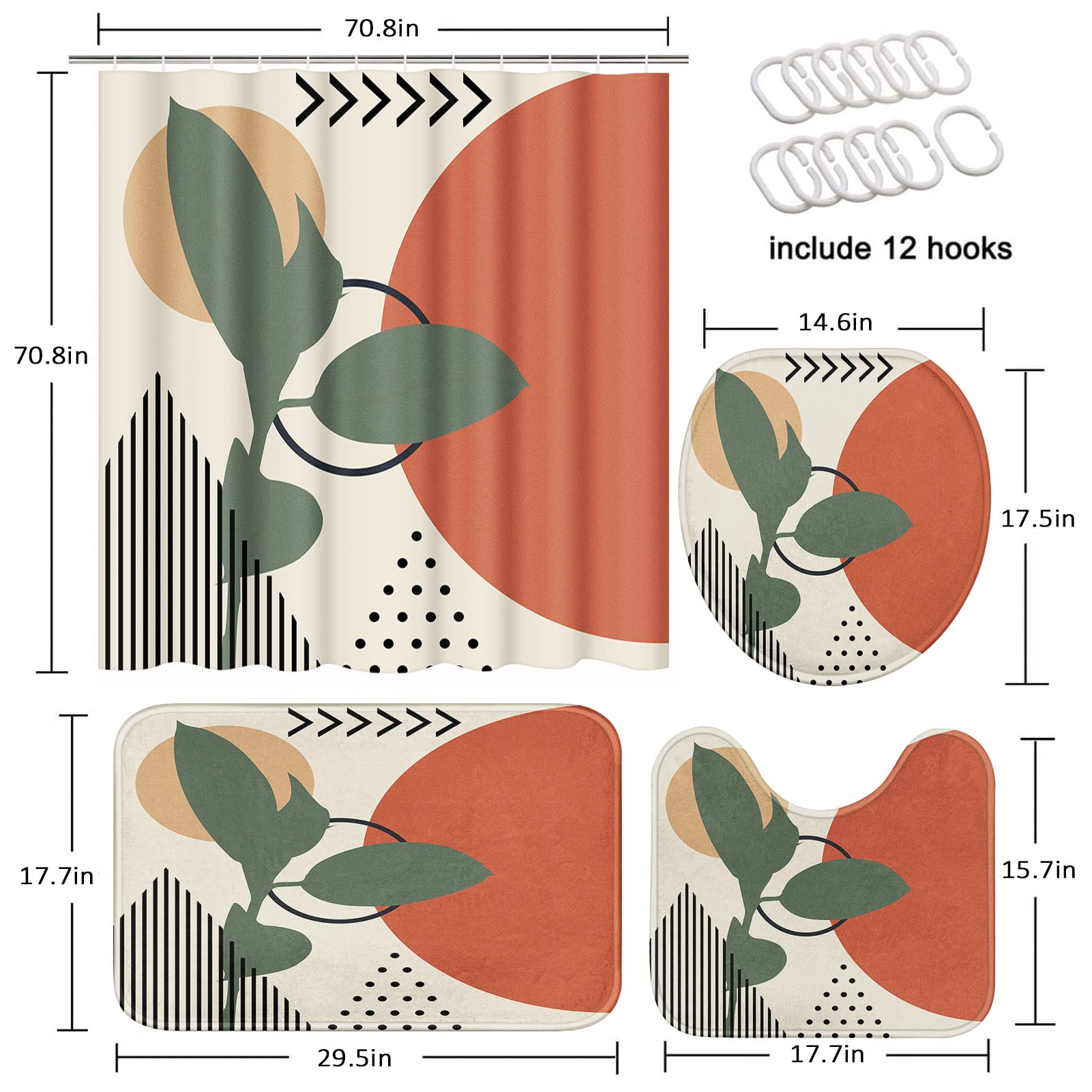 Tayney Boho Mid Century Shower Curtain Set With Toilet Lid Cover And Non-Slip Rugs, Abstract Botanical 4 Pcs Shower Curtain Set,