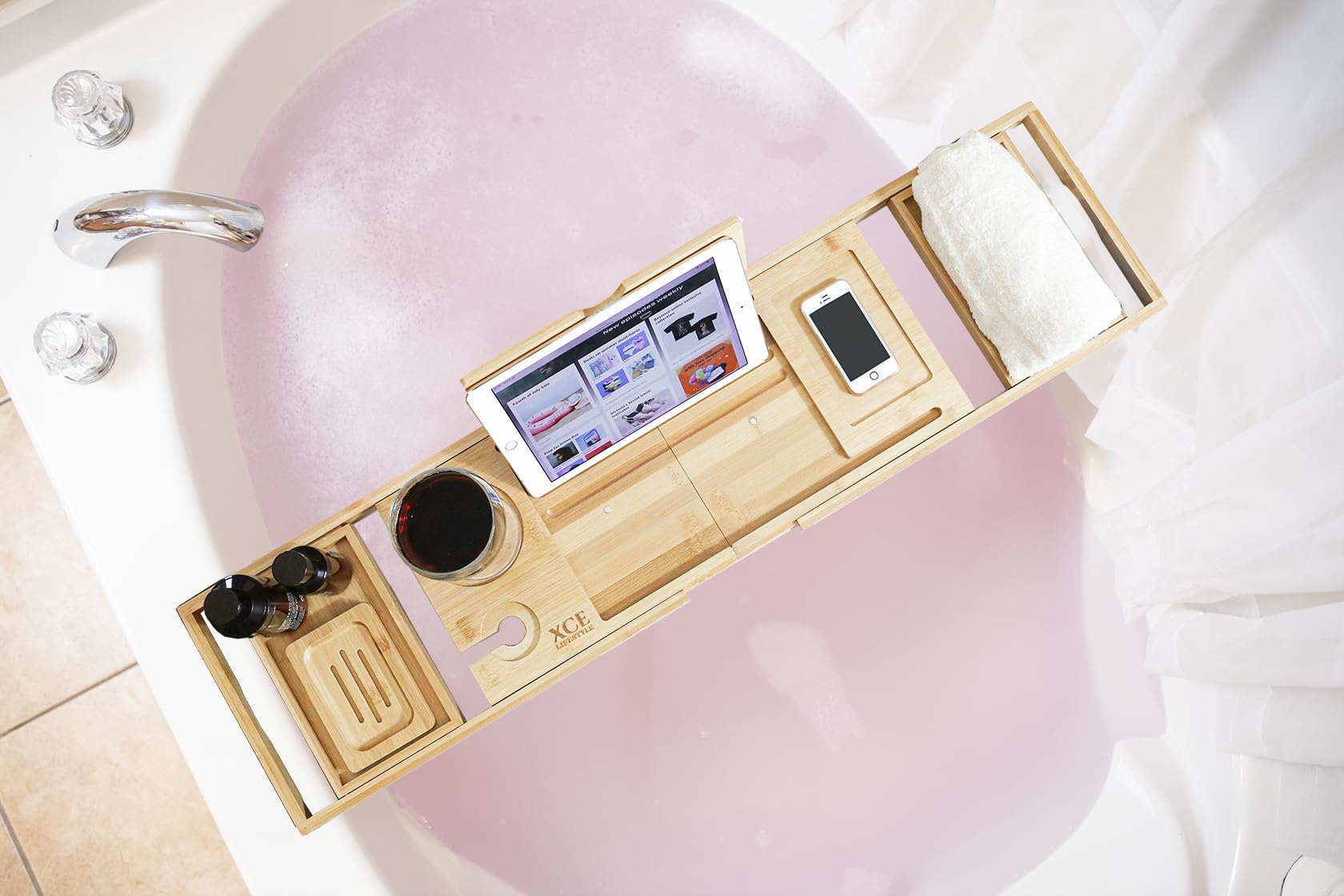 Xce Foldable Bathtub Tray Expandable To 105Cm For Luxury Bath, Bath Tray For Bathtub (Bamboo)