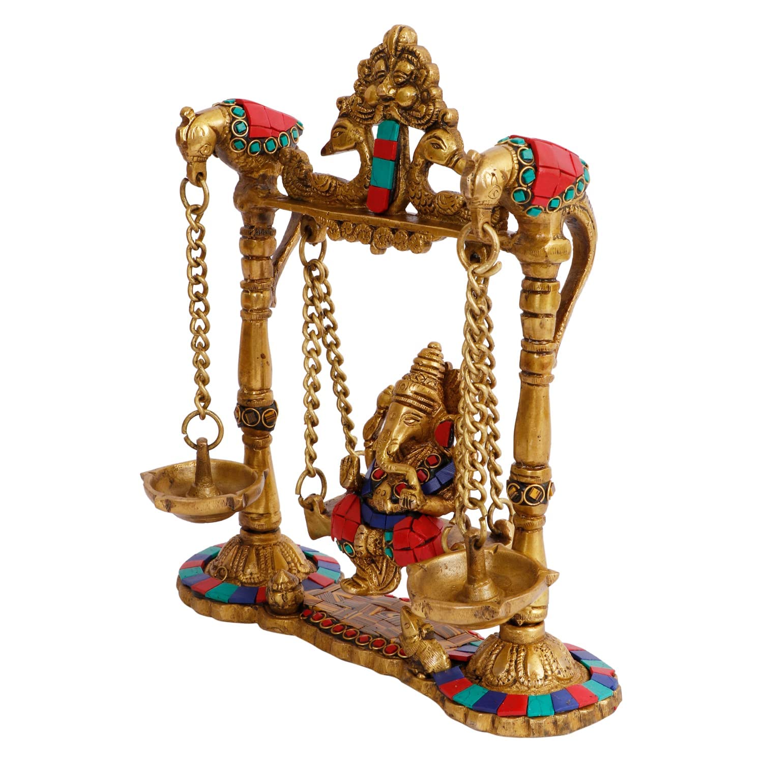 Kartique Brass Ganesh Bhagwan Jhula With Two Diyas Ganesha Idol Swing Ganpati Bappa Jhoola Murti For Home House Warming Mandir O