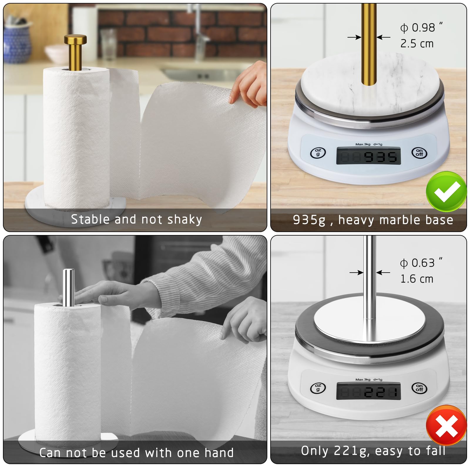 Heshibi Paper Towel Holder Countertop With 7'' Weighted White Marble Base - Modern Free Standing Paper Roll Holder, Brushed Gold