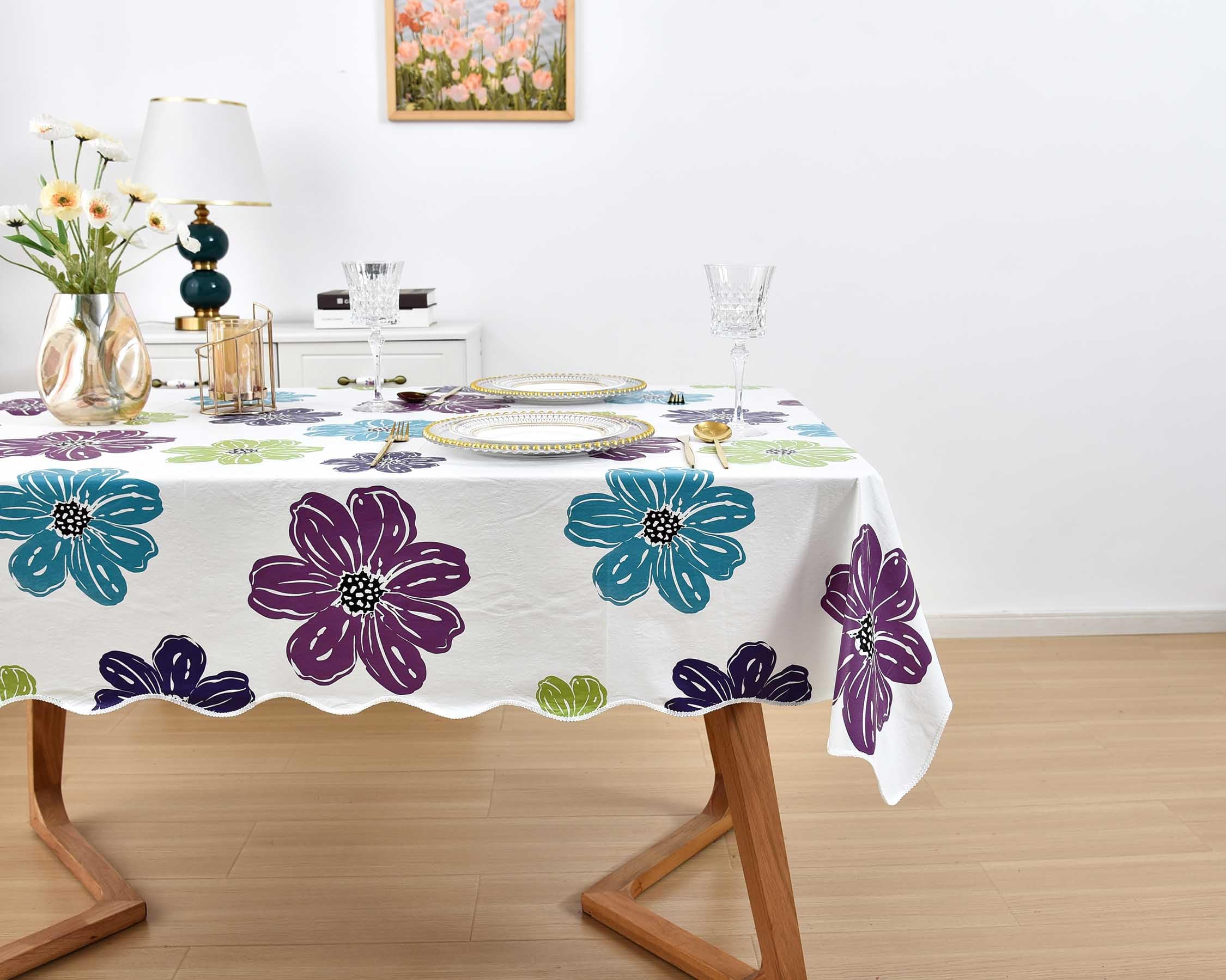 Summer Floral Tablecloth 54X72 Inch, Purple Flower Table Cloth, Rectangle Tablecloth Plastic, Vinyl Flannel Backed Tablecloth, W