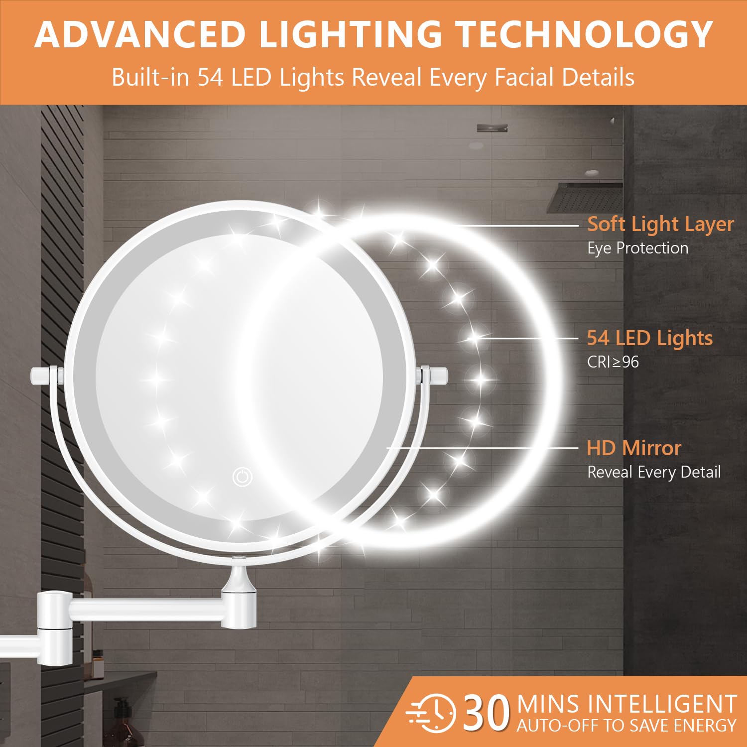 Auxmir 1X/30X Wall Mounted Makeup Mirror with Light, 8  Rechargeable Double-Sided Magnifying Mirror, Vanity Mirror Dimmable 3 Co
