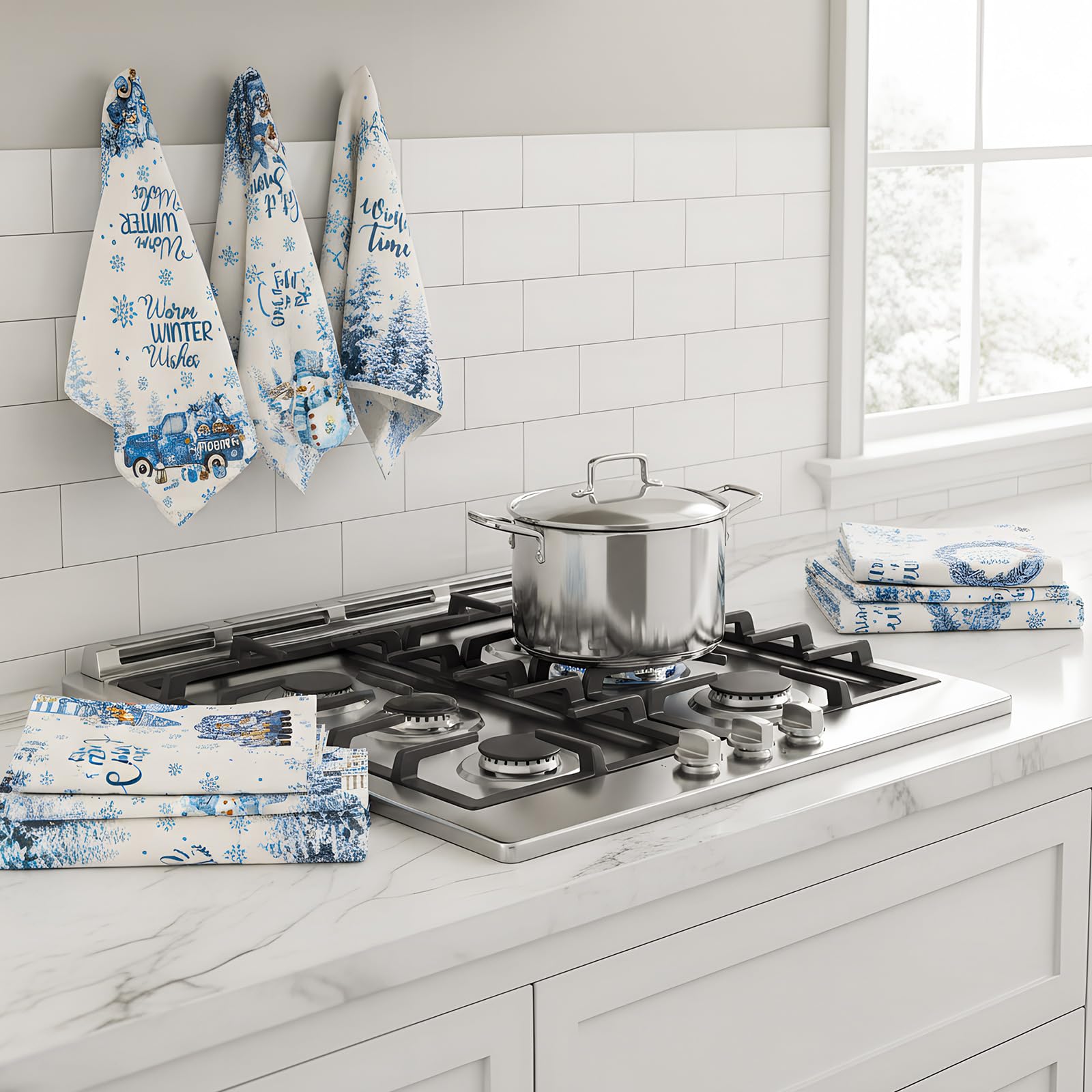 Breling Set of 6 Christmas Kitchen Towel Hello Winter Dish Towel Let It Snow Bathroom Decorative Snowflake Snowman Dishcloth for
