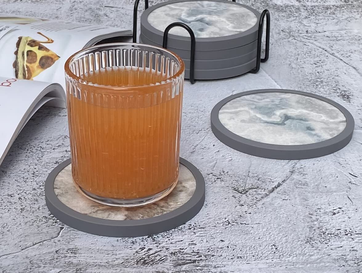 Absorbent Coasters For Drinks With Holder - 6Packs, Silicone Coasters With Soft Felt Insert (4.3 Inch Coasters With 4.5 Inch Hol