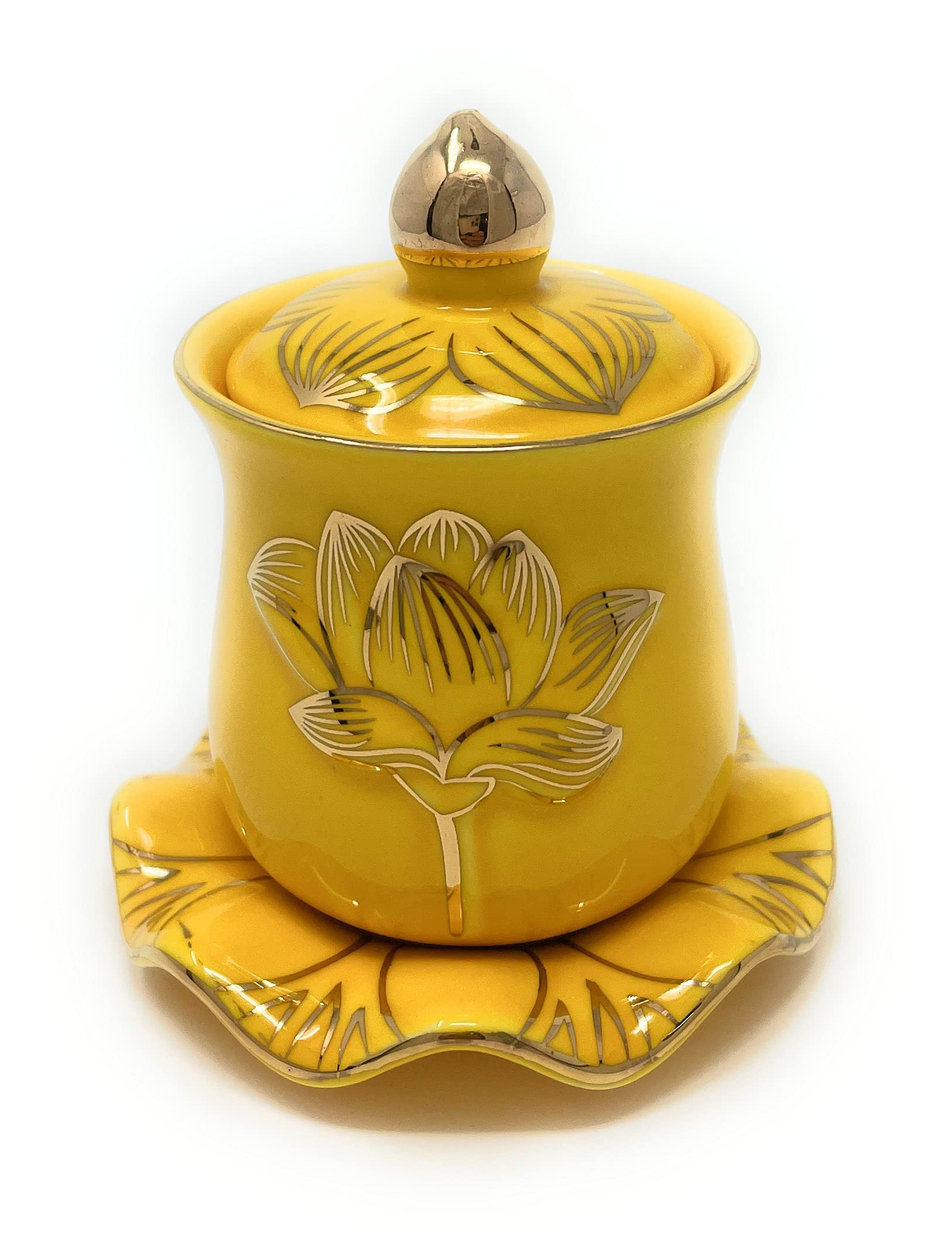 Houlu 1Pc Ceramic Altar Cup, Holy Water Offering Cup, Tibetan Buddhist Worship Cup - Yellow
