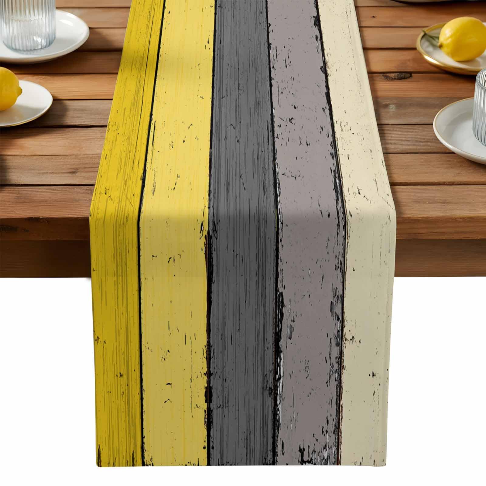 Farmhouse Cotton Linen Table Runner Dresser Scarf Extra Long 120 inches- Retro Rustic Barn Wood Texture Ombre Lemon Yellow and G