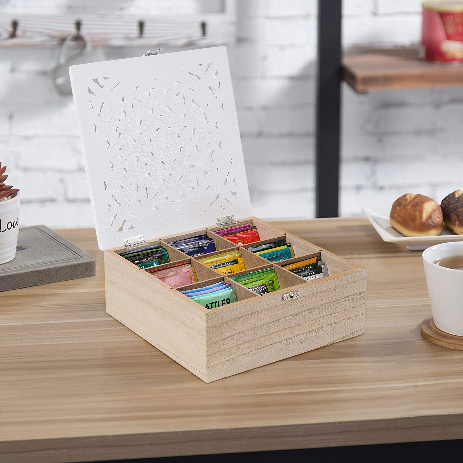 Handrong Tea Box Tea Bag Organizer Tea Bag Holder Tea Caddy Wooden Tea Chest With Floral Design, 9 Compartments For Home, Office