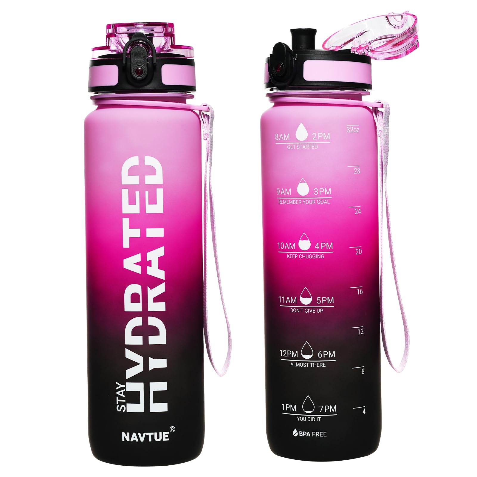 NAVTUE Water Bottle, 32 oz Sports Water Bottles with Time Marker Wide Mouth, Motivational and Leakproof Drink Bottle, BPA Free T
