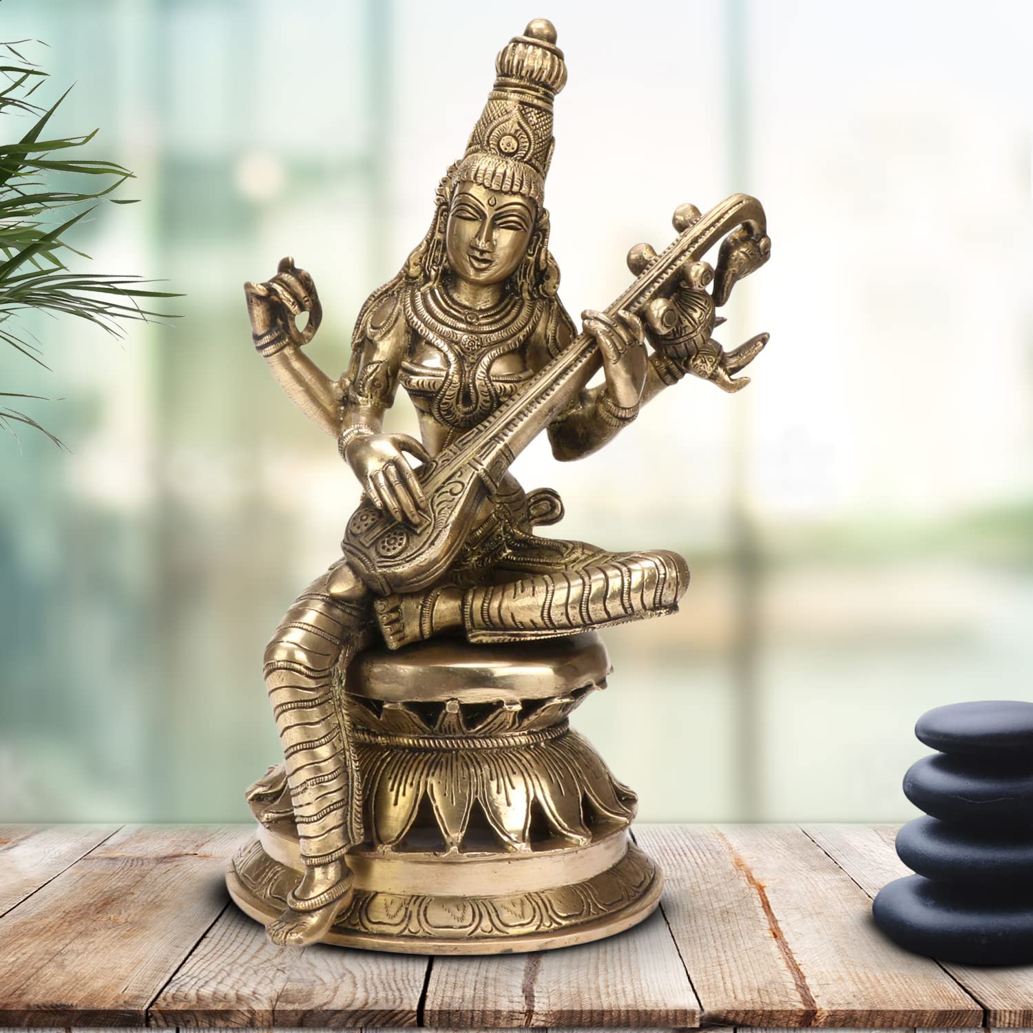 Kartique Brass Saraswati Idol With Veena, Antique Gold Finish, 12 Inches Height, For Home Decor, Pooja Room, And Gifts